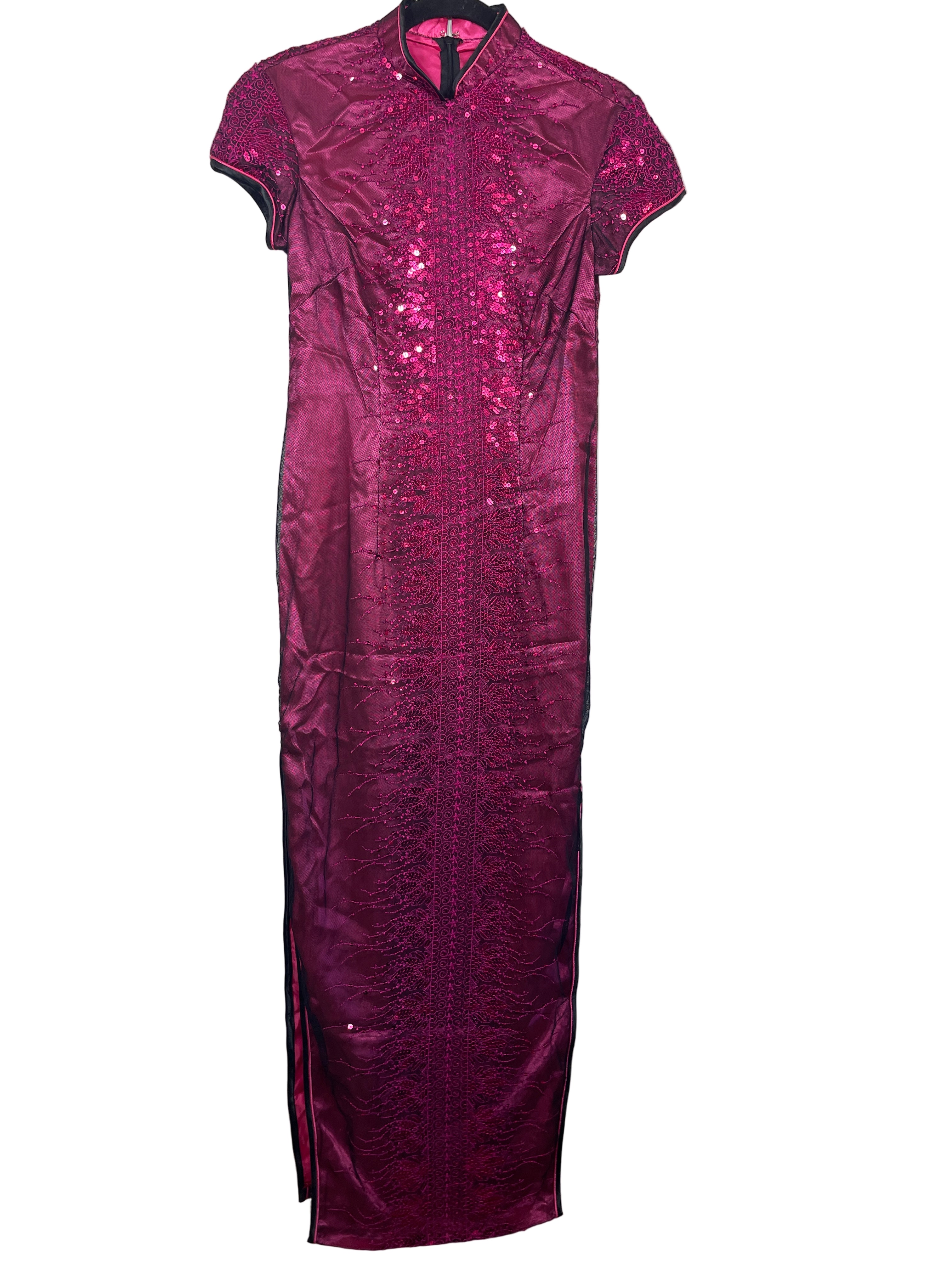 Front view of magenta Xiangyi Qipao dress with sequins and embroidery.
