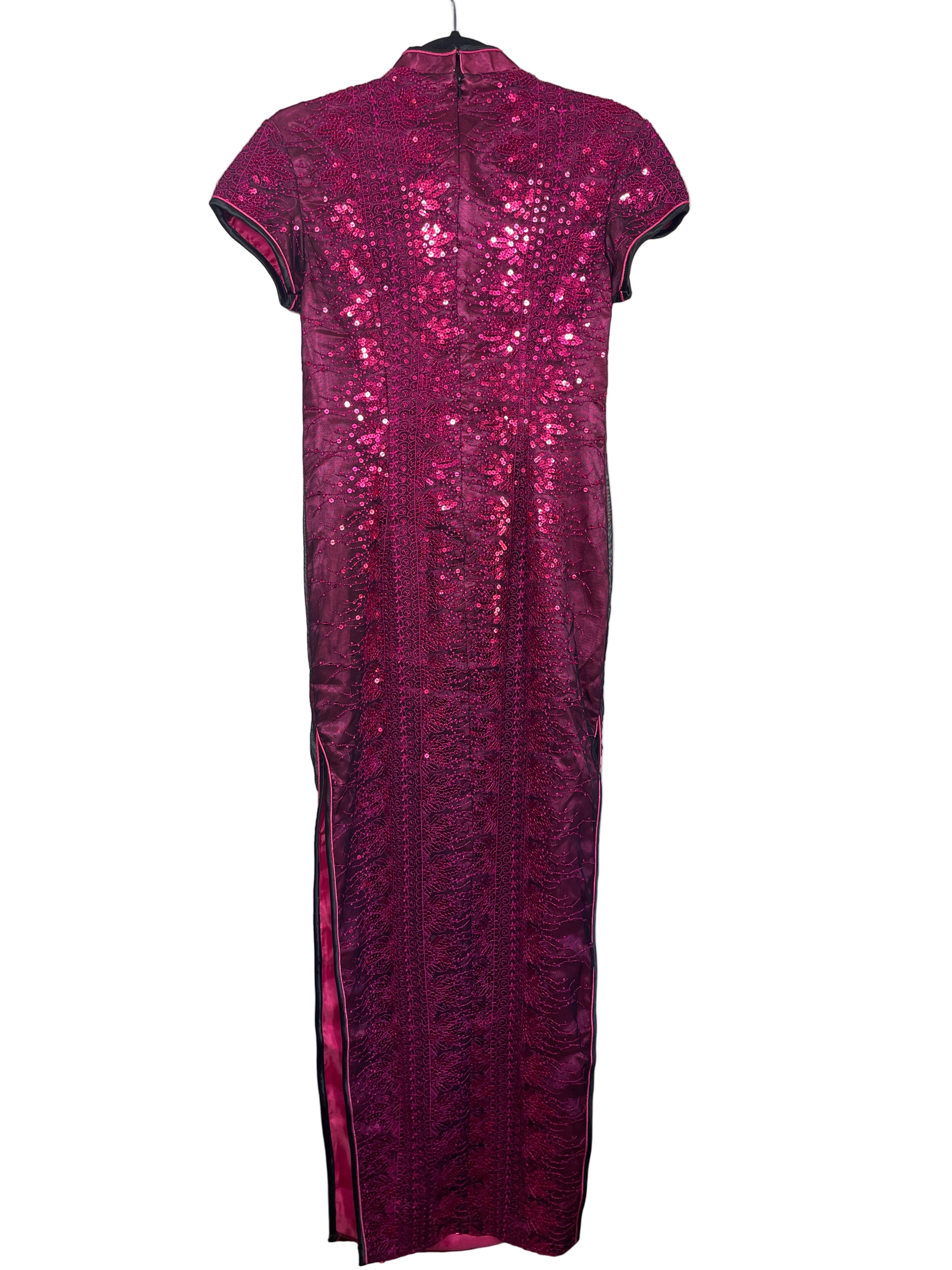 Back view of magenta Xiangyi Qipao dress with detailed embroidery.
