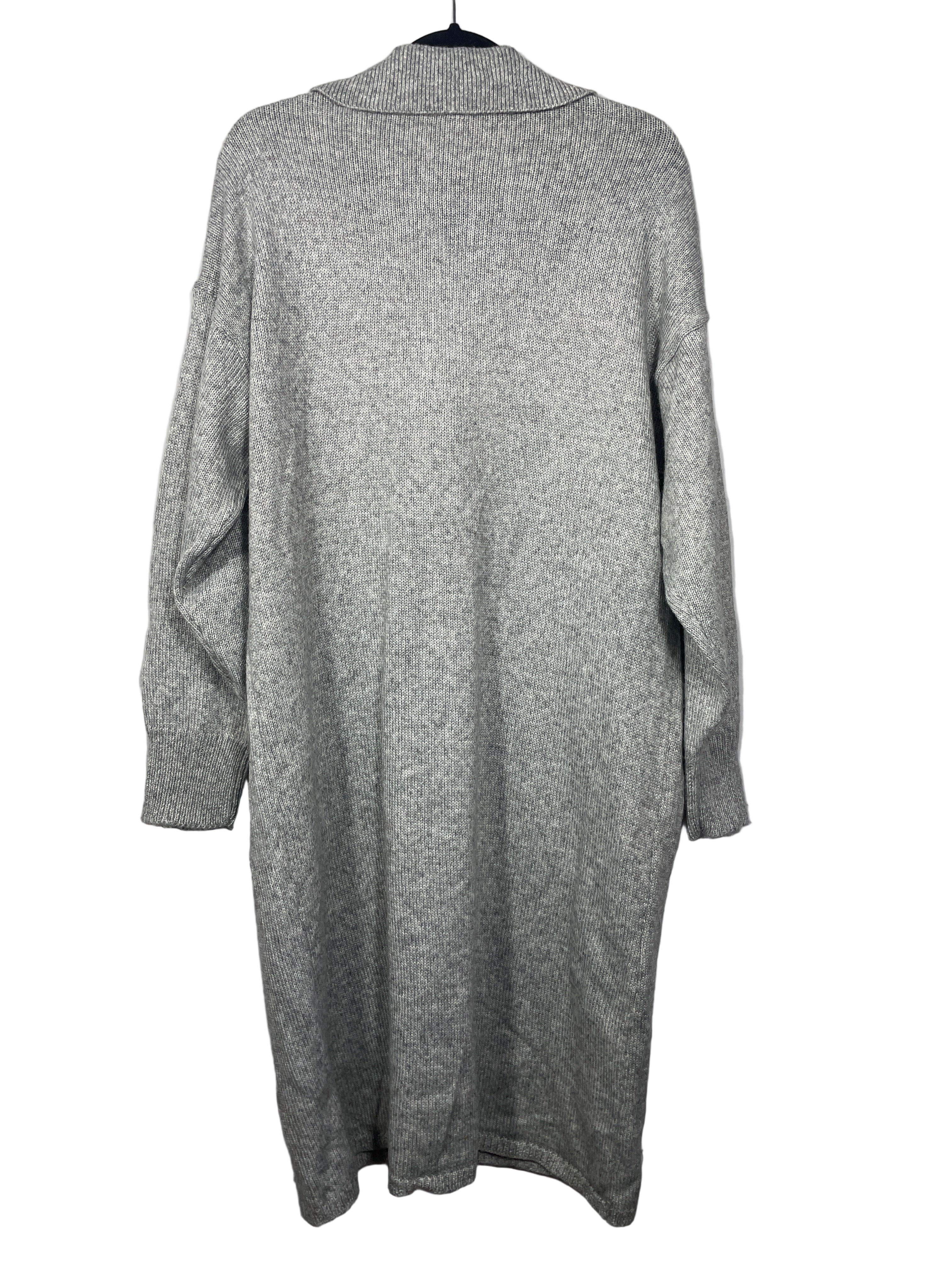 Bluenotes long grey knit cardigan showing full back view on hanger.