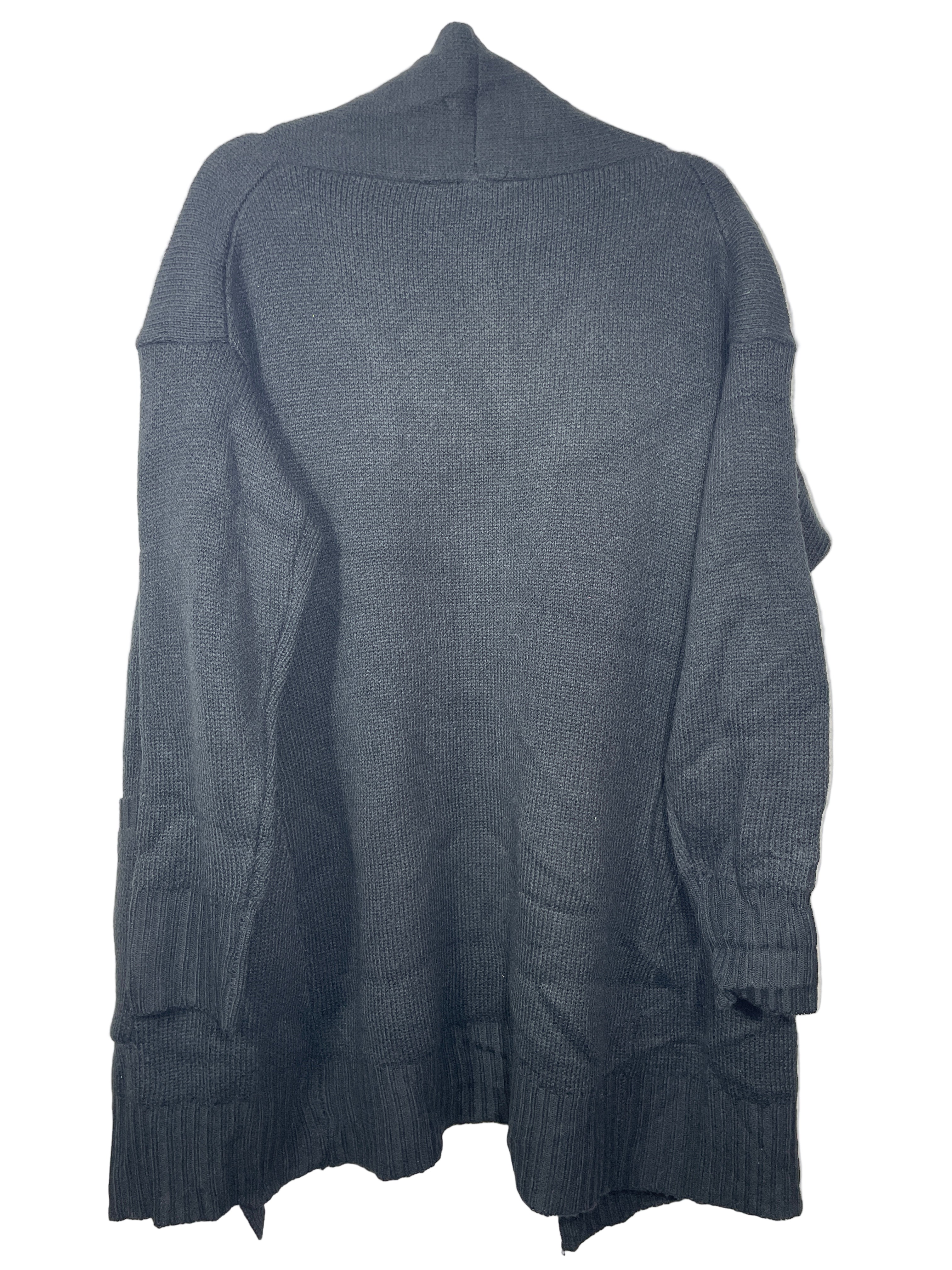 Bluenotes black open front cardigan showing full back view on hanger.