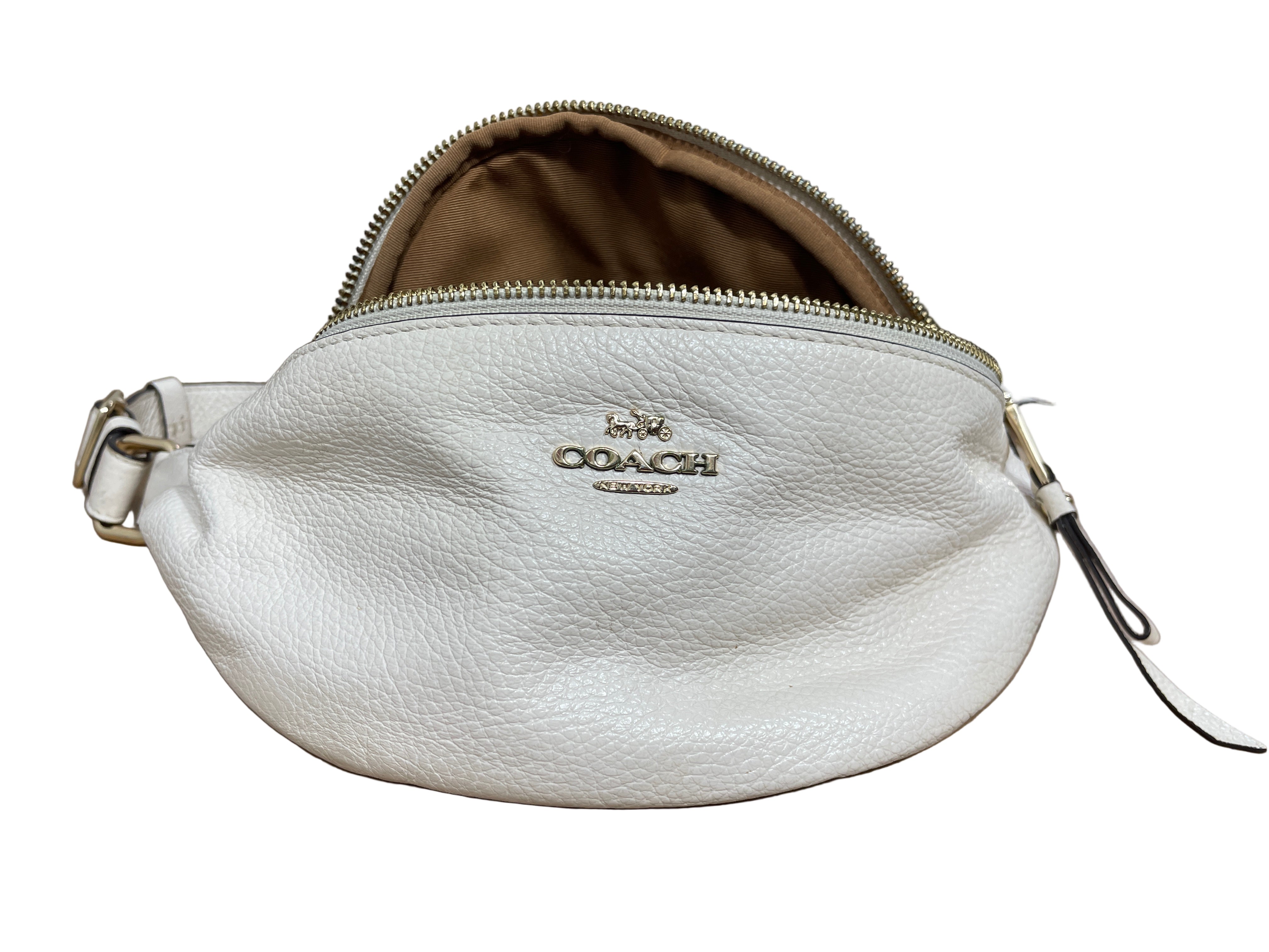 Coach pebble leather belt bag front view with stamp