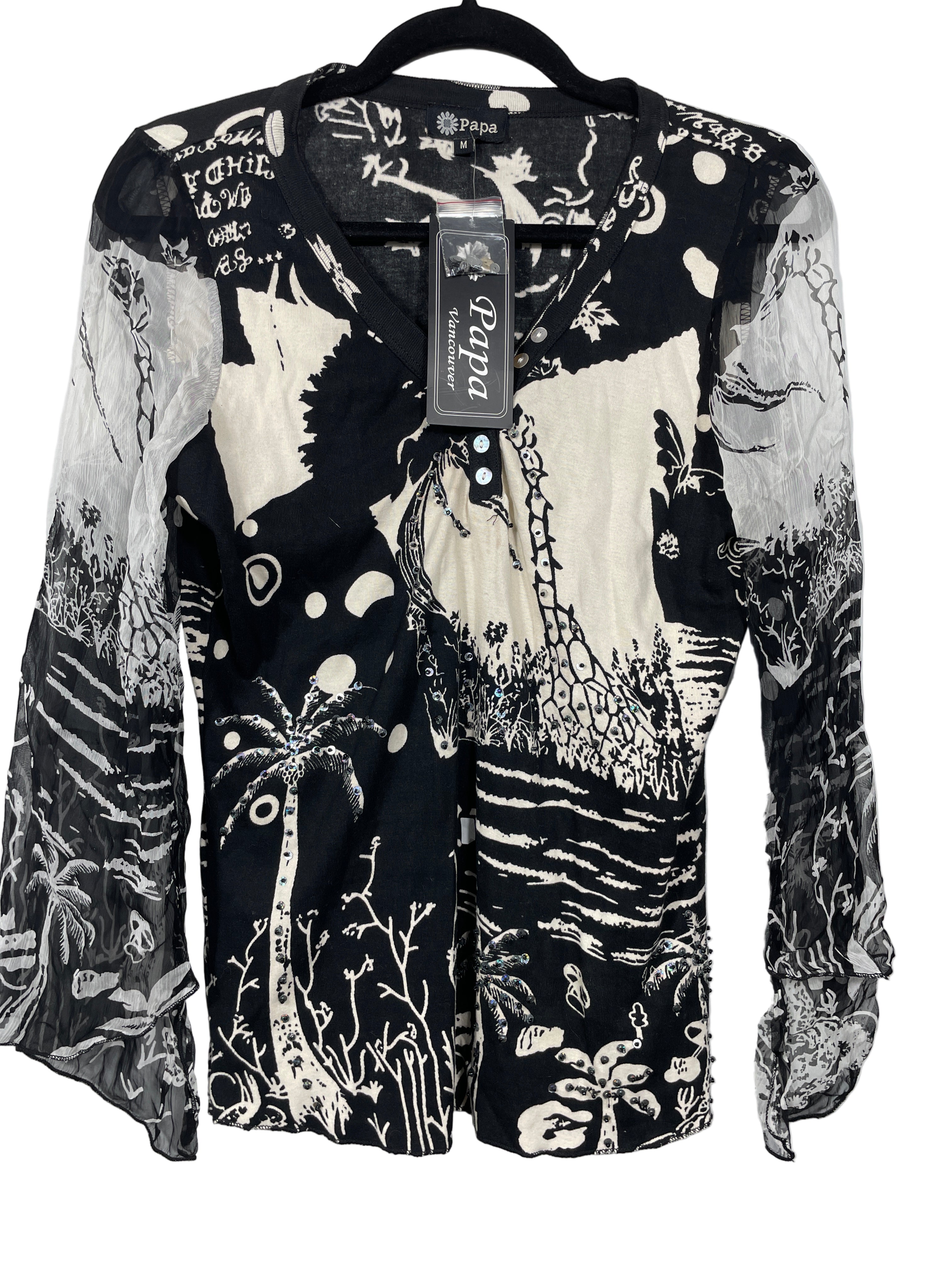 Papa Vancouver black and cream artistic print blouse front view
