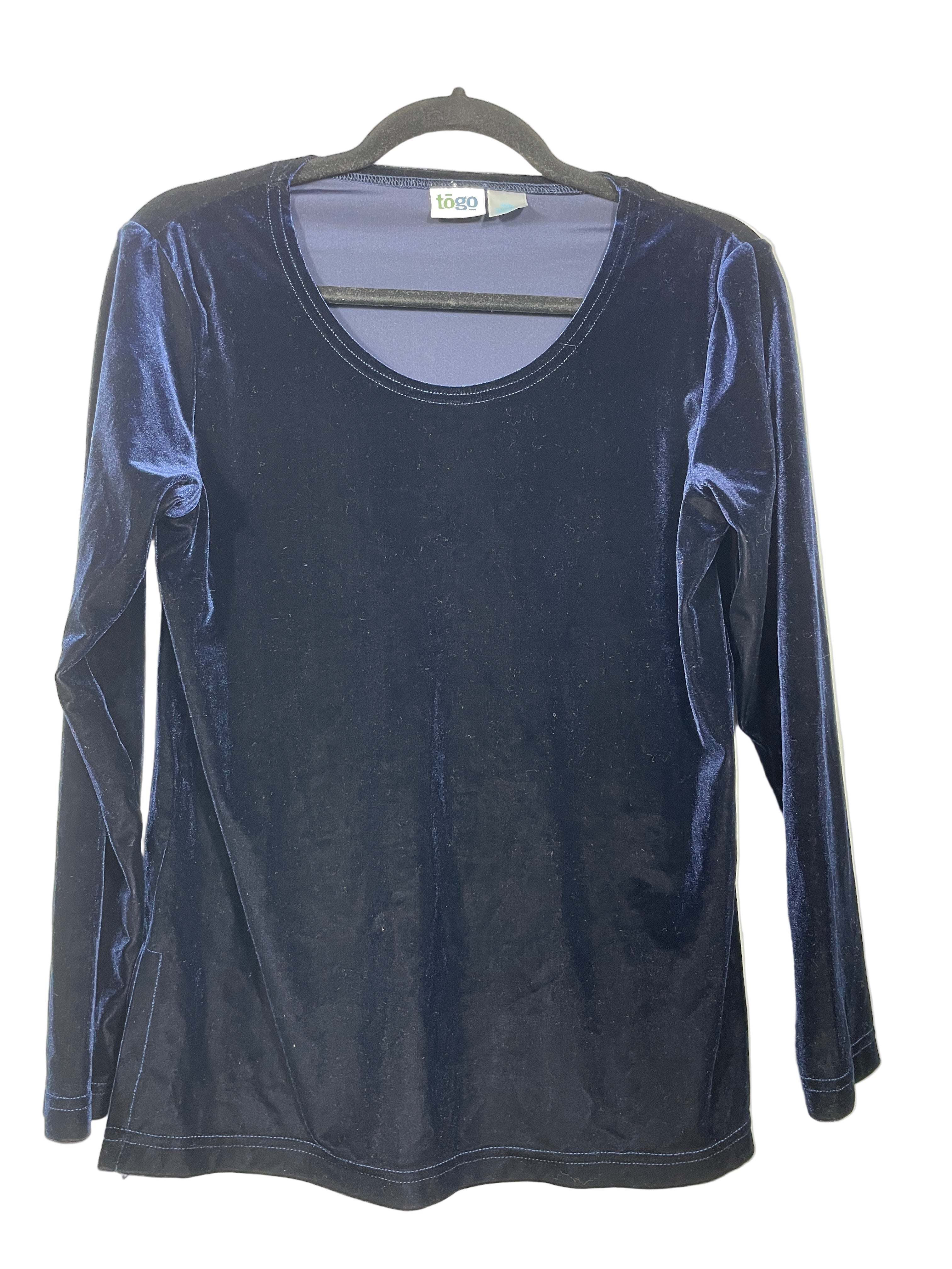 Togo blue velvet long sleeve top front view
