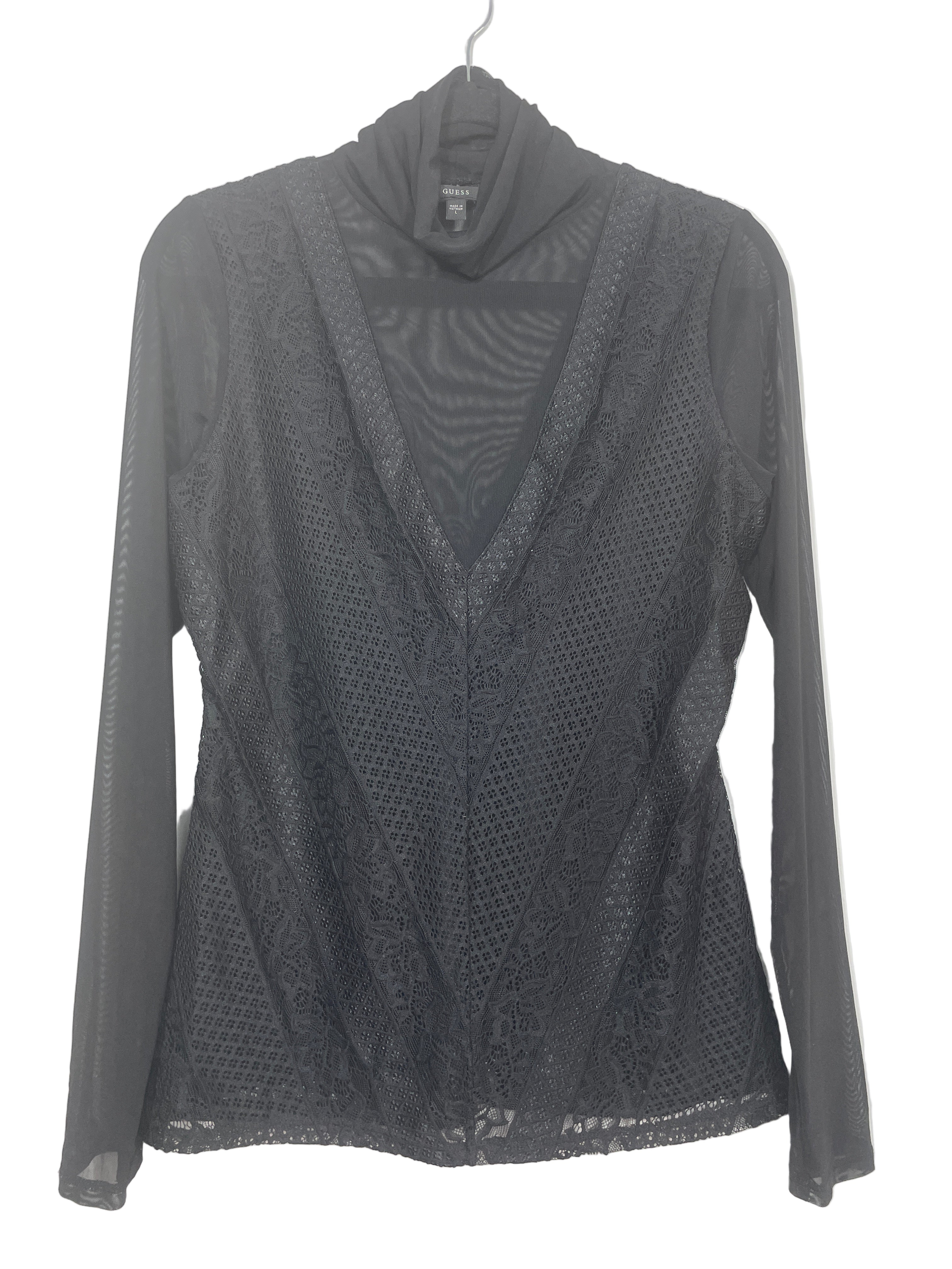 GUESS black sheer lace long sleeve top front view
