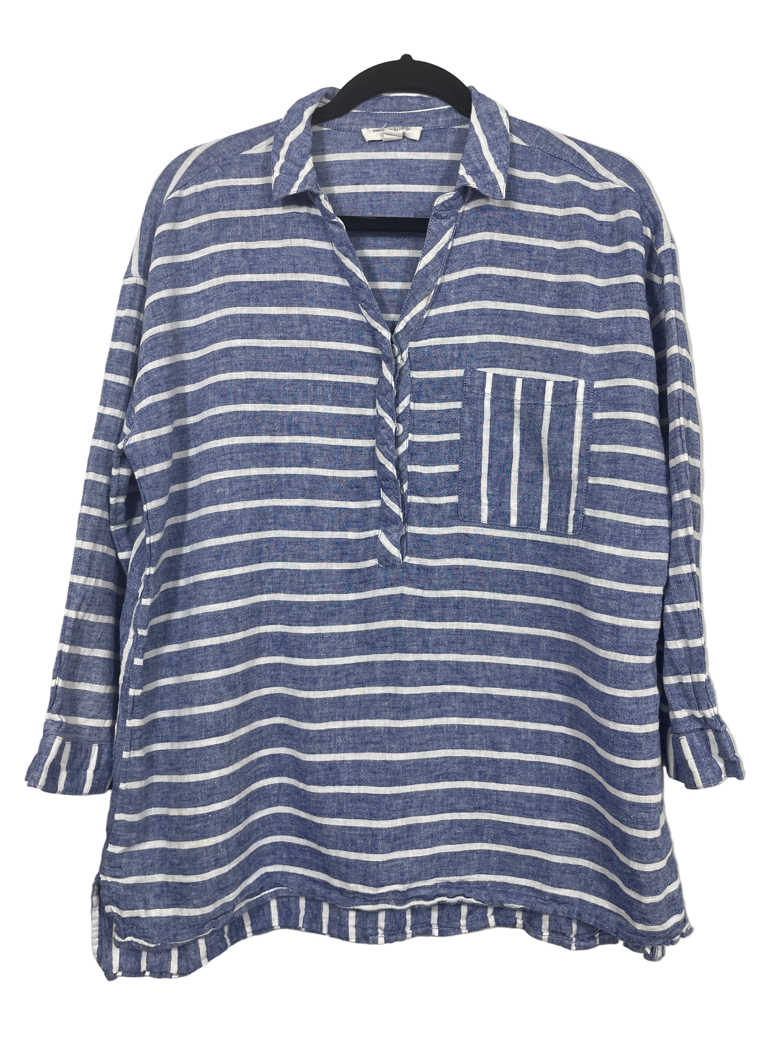 BeachLunchLounge blue striped linen-blend top front view
