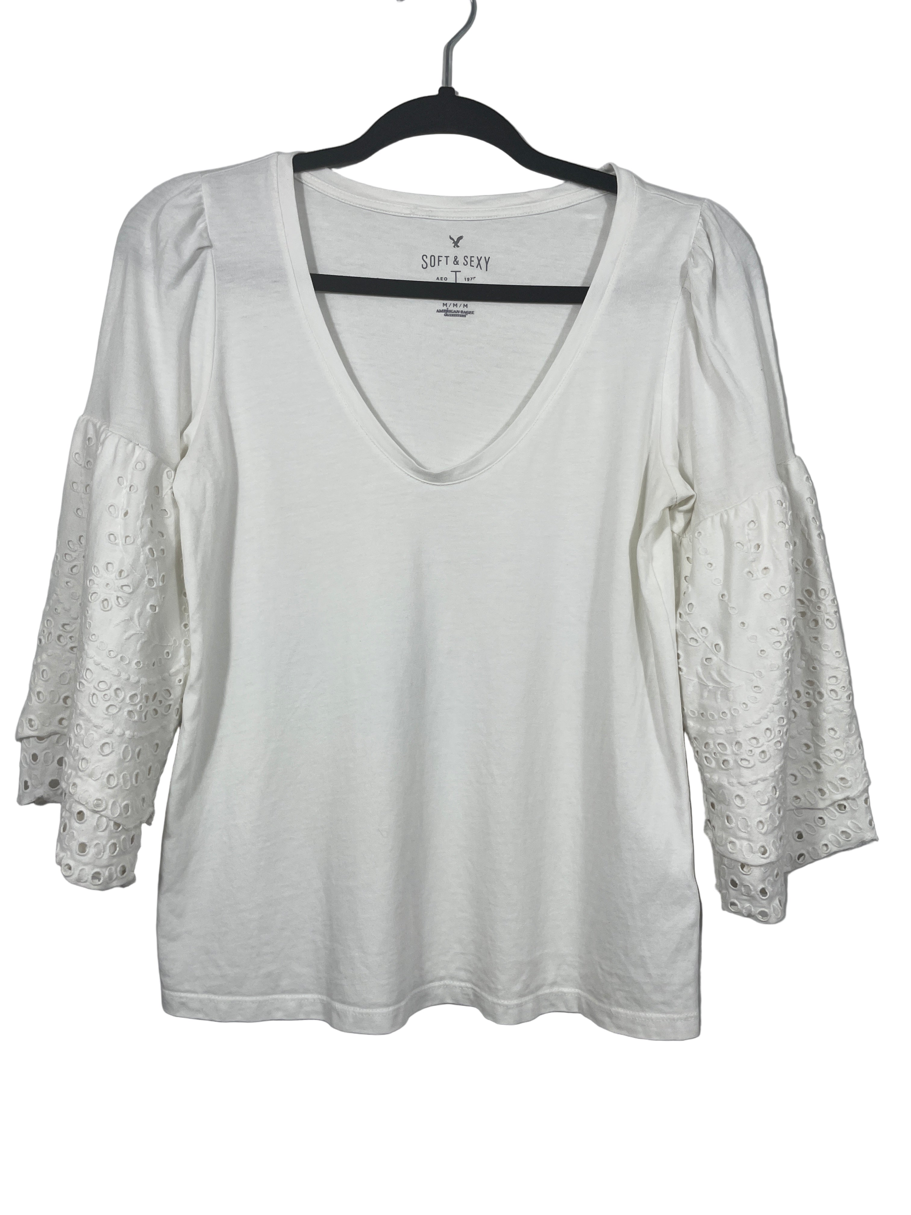 American Eagle cream eyelet sleeve top front view
