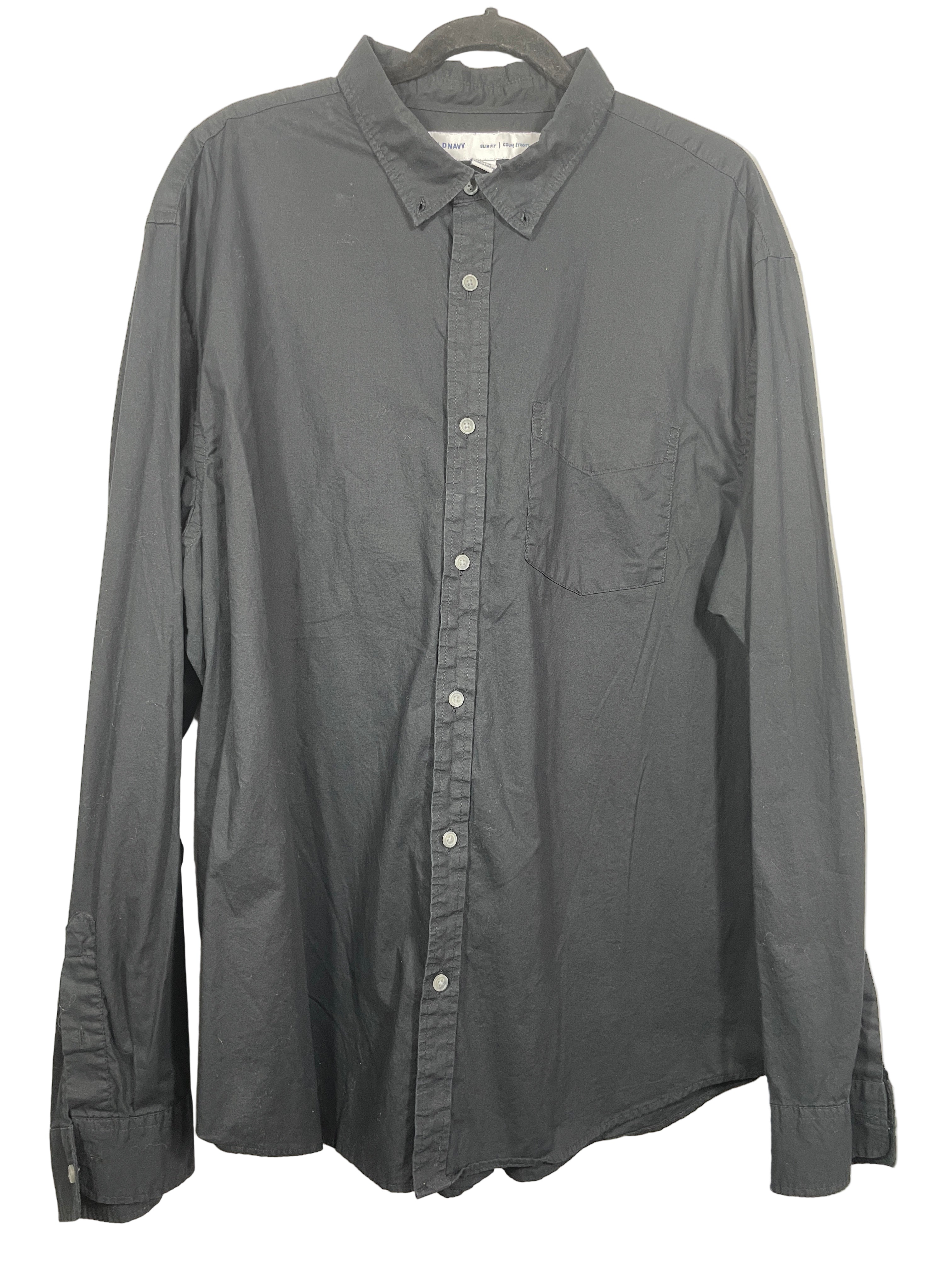 Old Navy black slim fit button down shirt front view