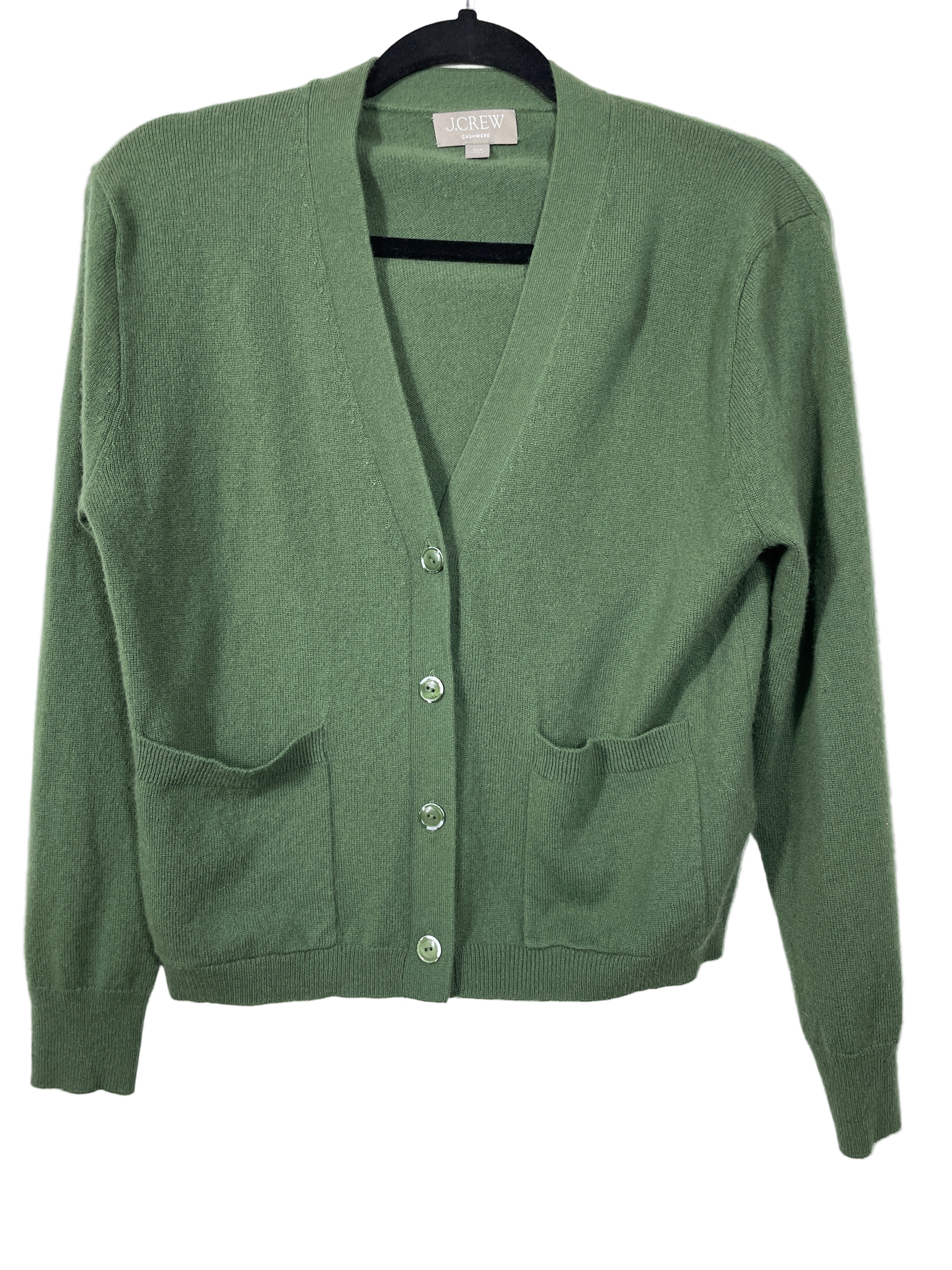 J.Crew green cashmere cardigan front view