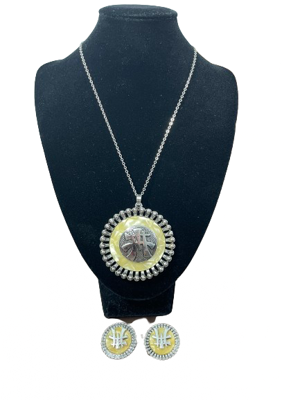 Silver-tone Asian inspired pendant necklace with matching clip-on earrings front
