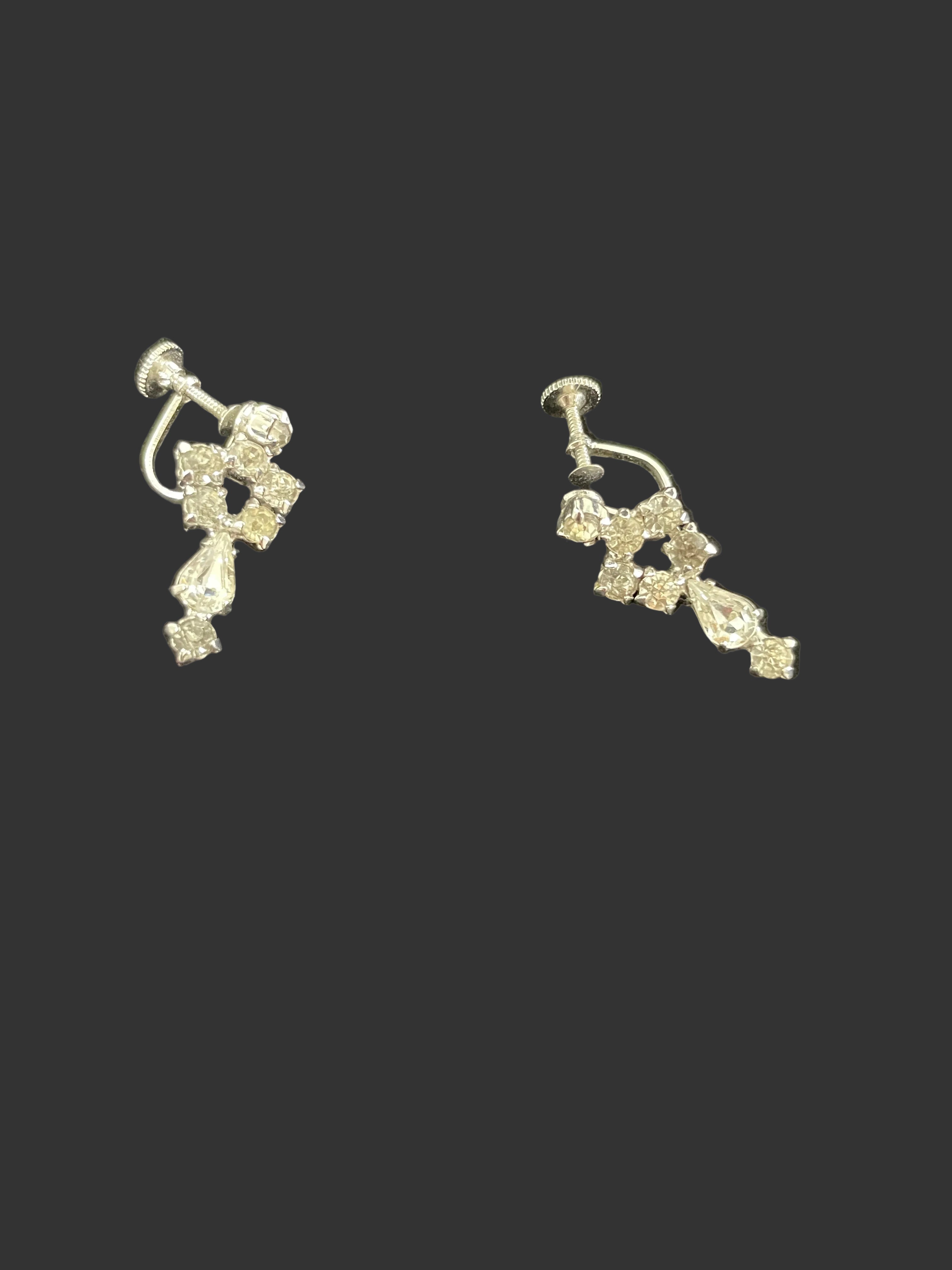 Vintage rhinestone screw-back earrings front view showing matching stone design