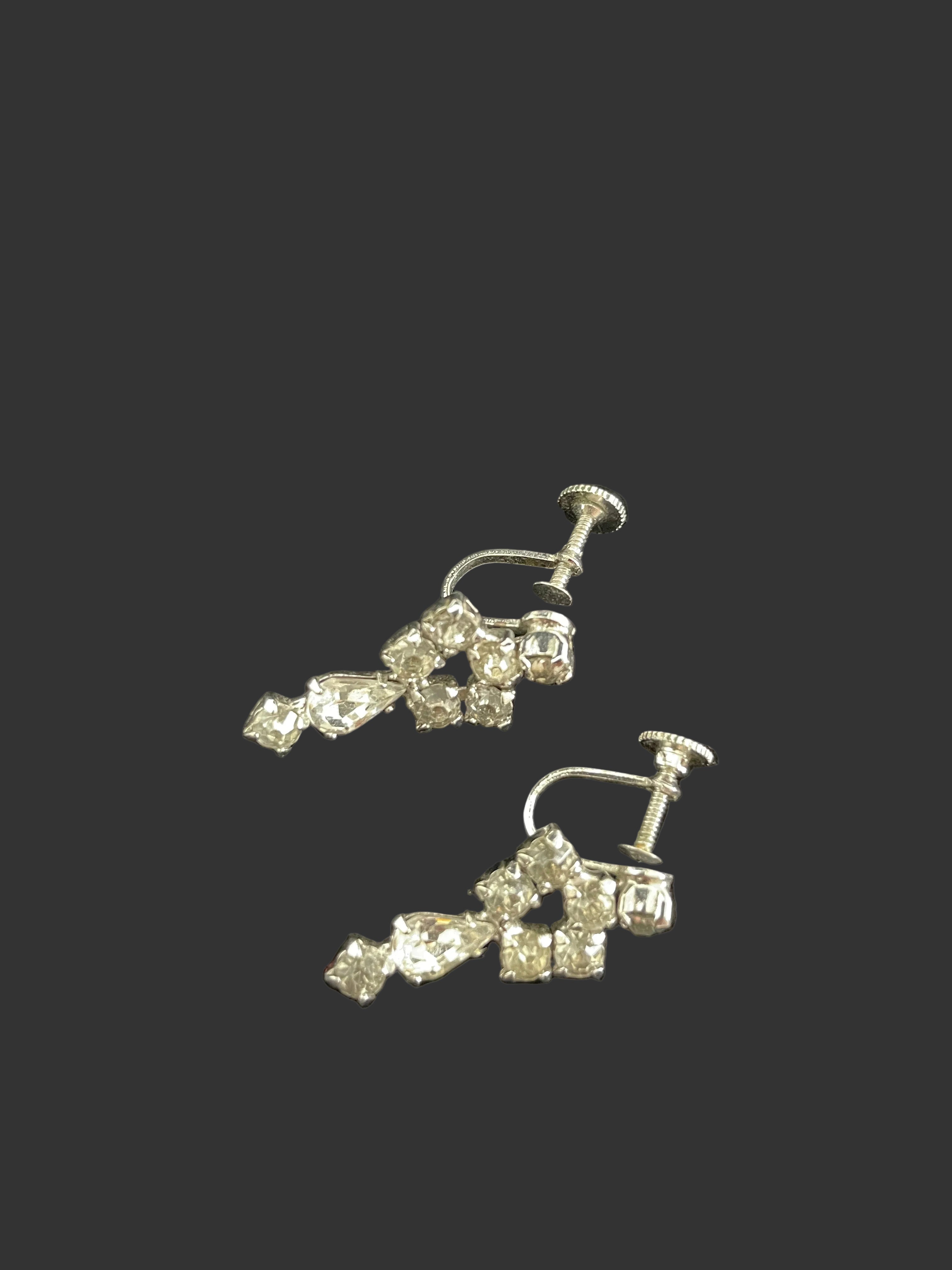 Vintage rhinestone screw-back earrings side view showing screw closure hardware