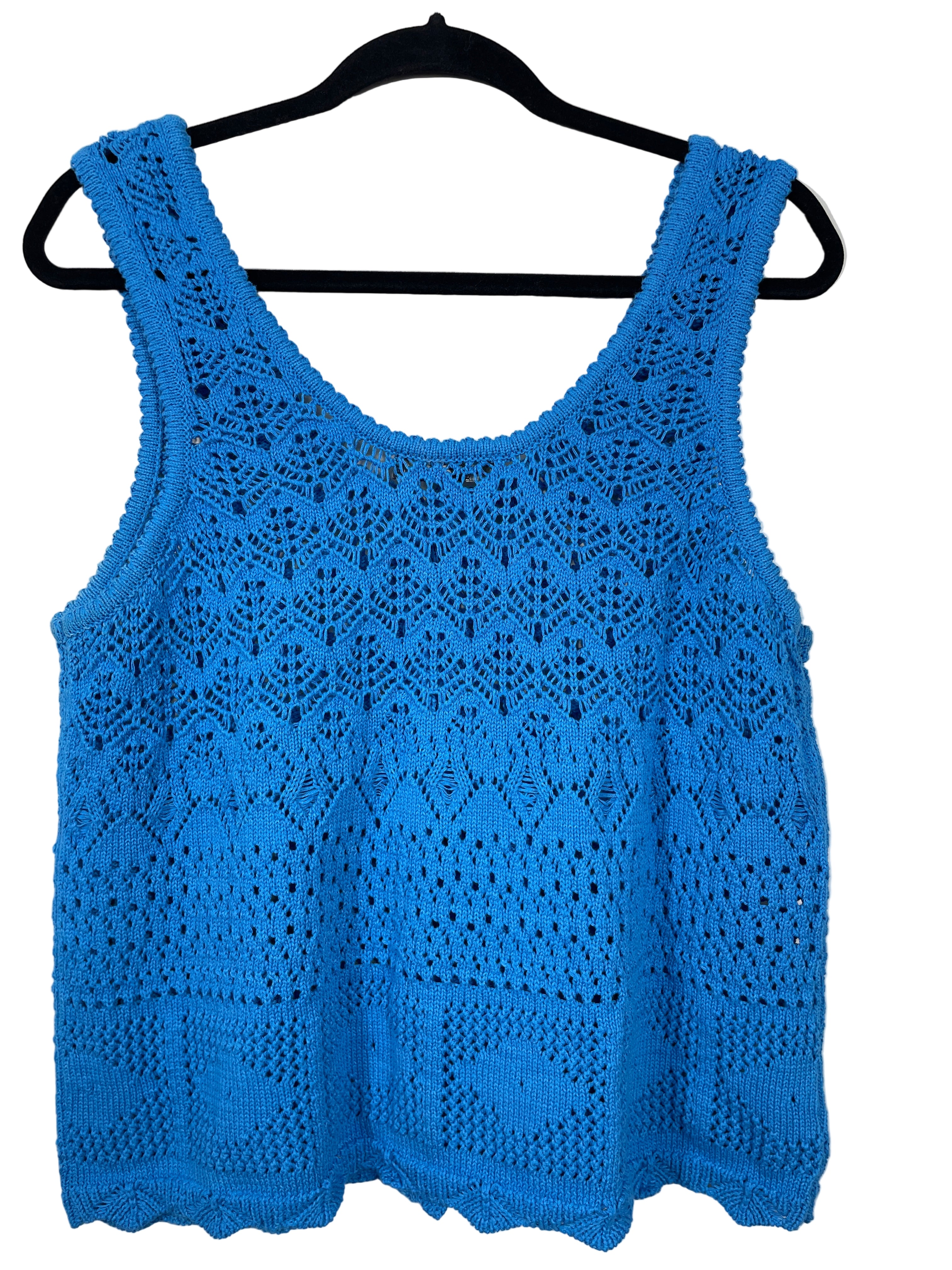 Design History blue crochet tank back view