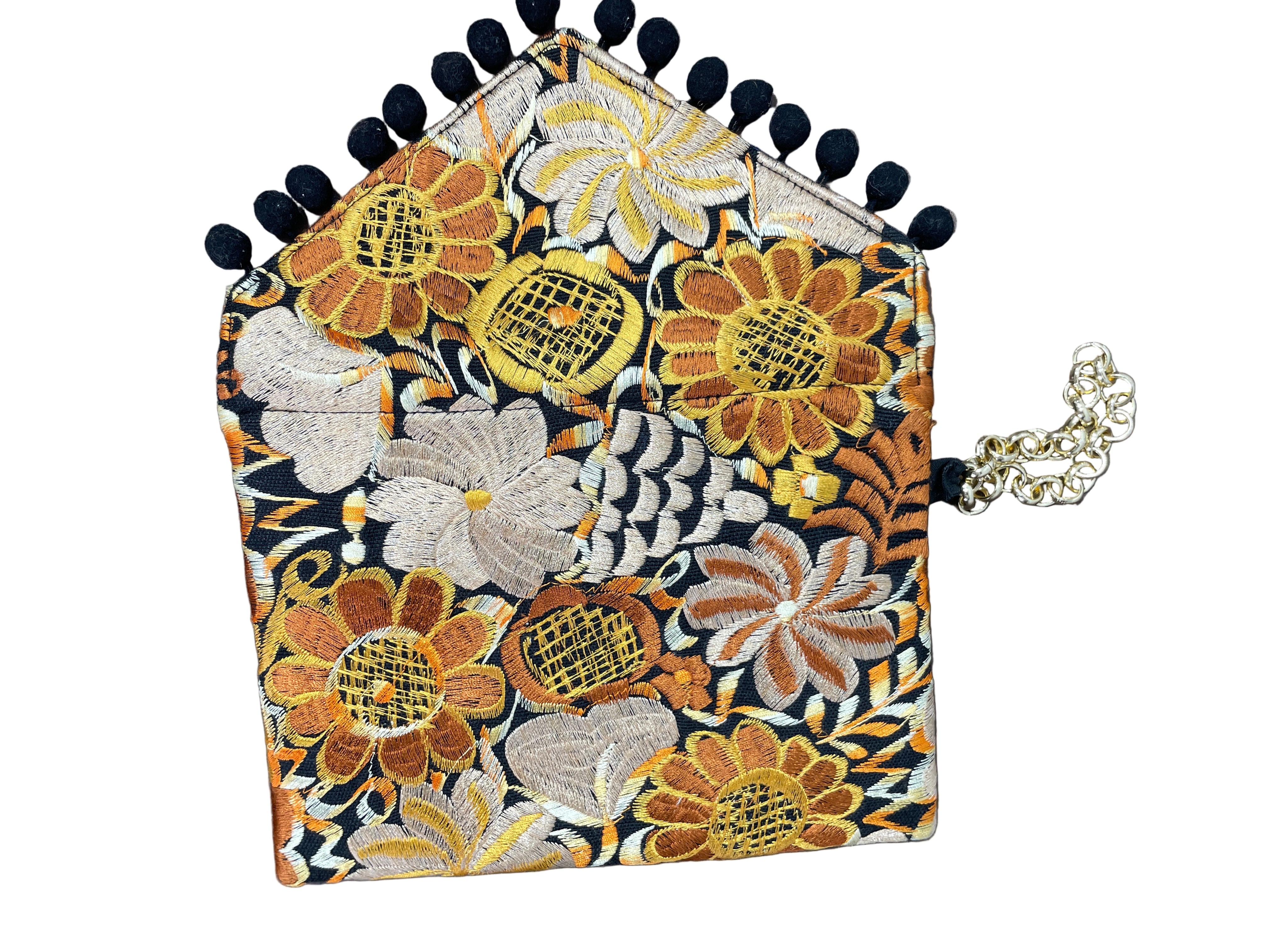 Embroidered floral wristlet clutch with chain back flat view