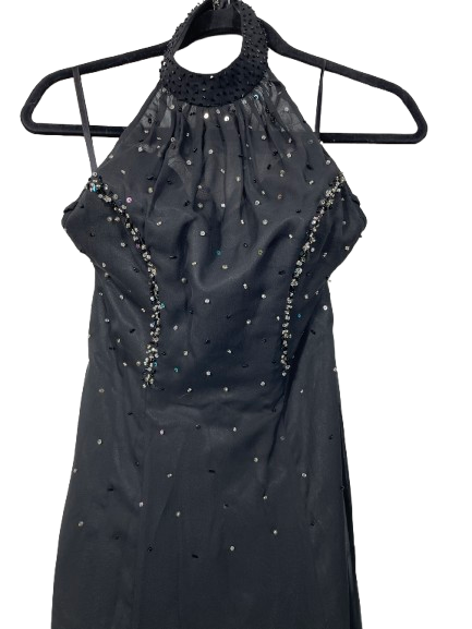 Xi Rong Yi Qipao black formal dress beaded and sequin halter bodice detail