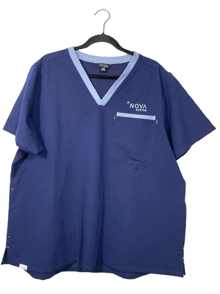 Blue scrub top with a V-neck and pocket on a hanger against a white background