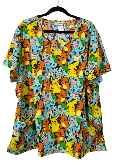 Colorful shirt with cartoon character pattern on a hanger