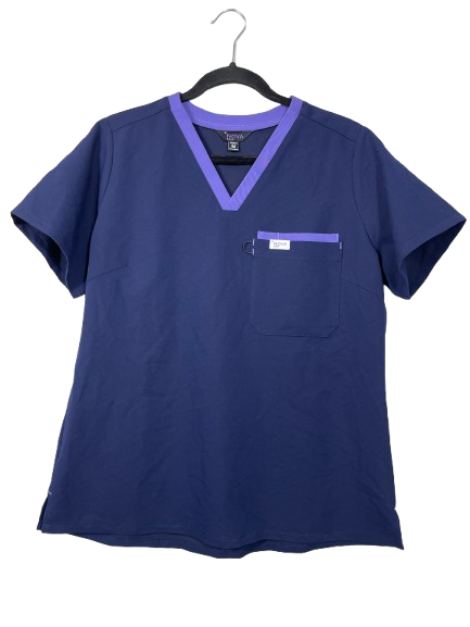Blue shirt with purple trim on a hanger against a white background