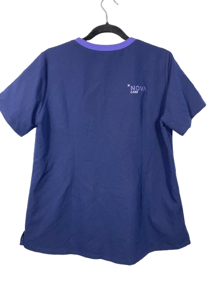 Blue t-shirt with 'NOVA' logo on a hanger against a white background