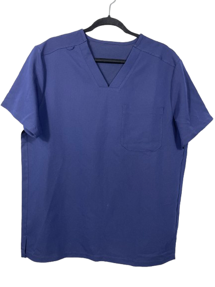 Blue scrub top on a hanger against a white background