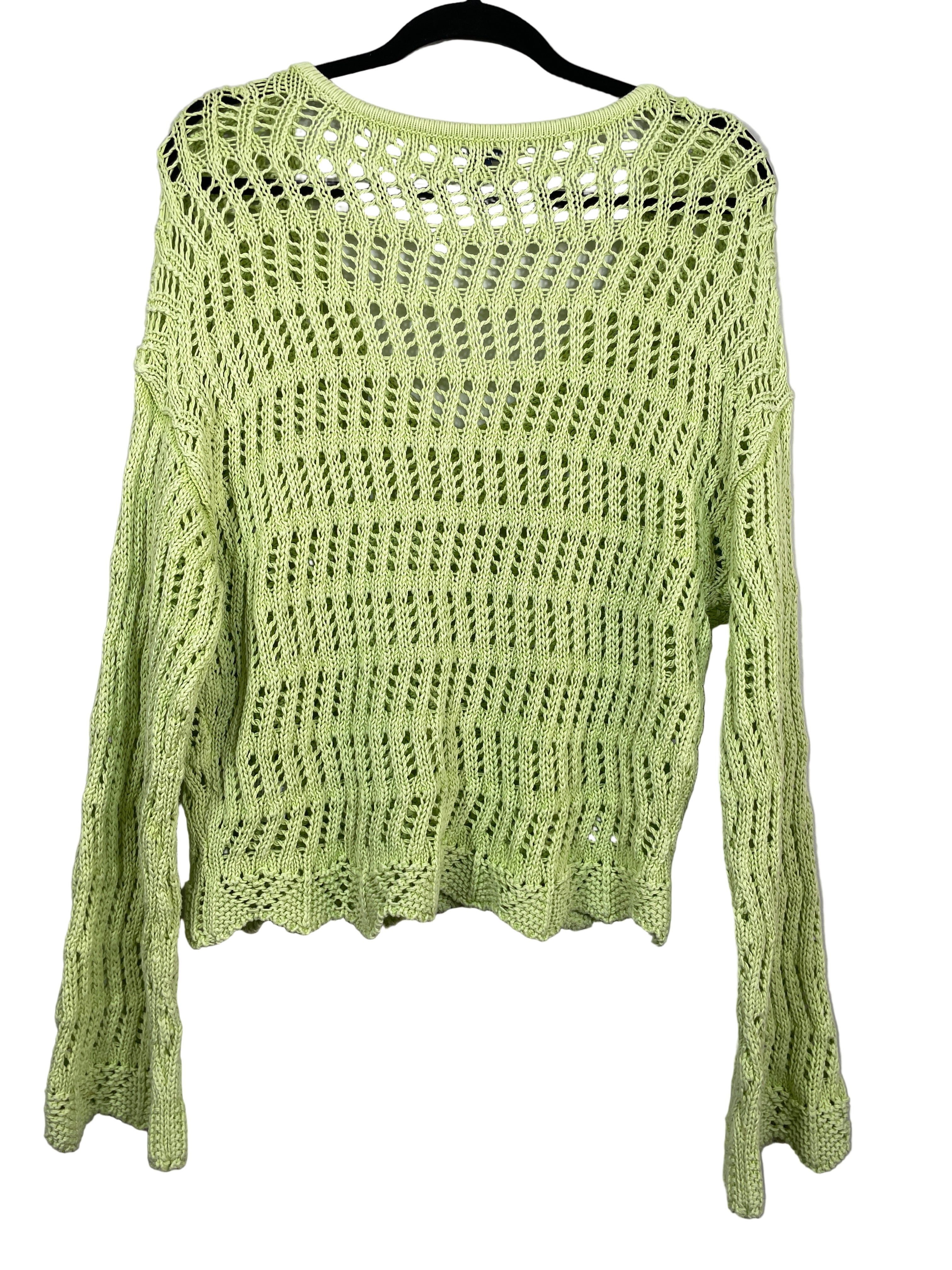American Eagle green crochet V-neck long-sleeve knit top with bell sleeves, back view