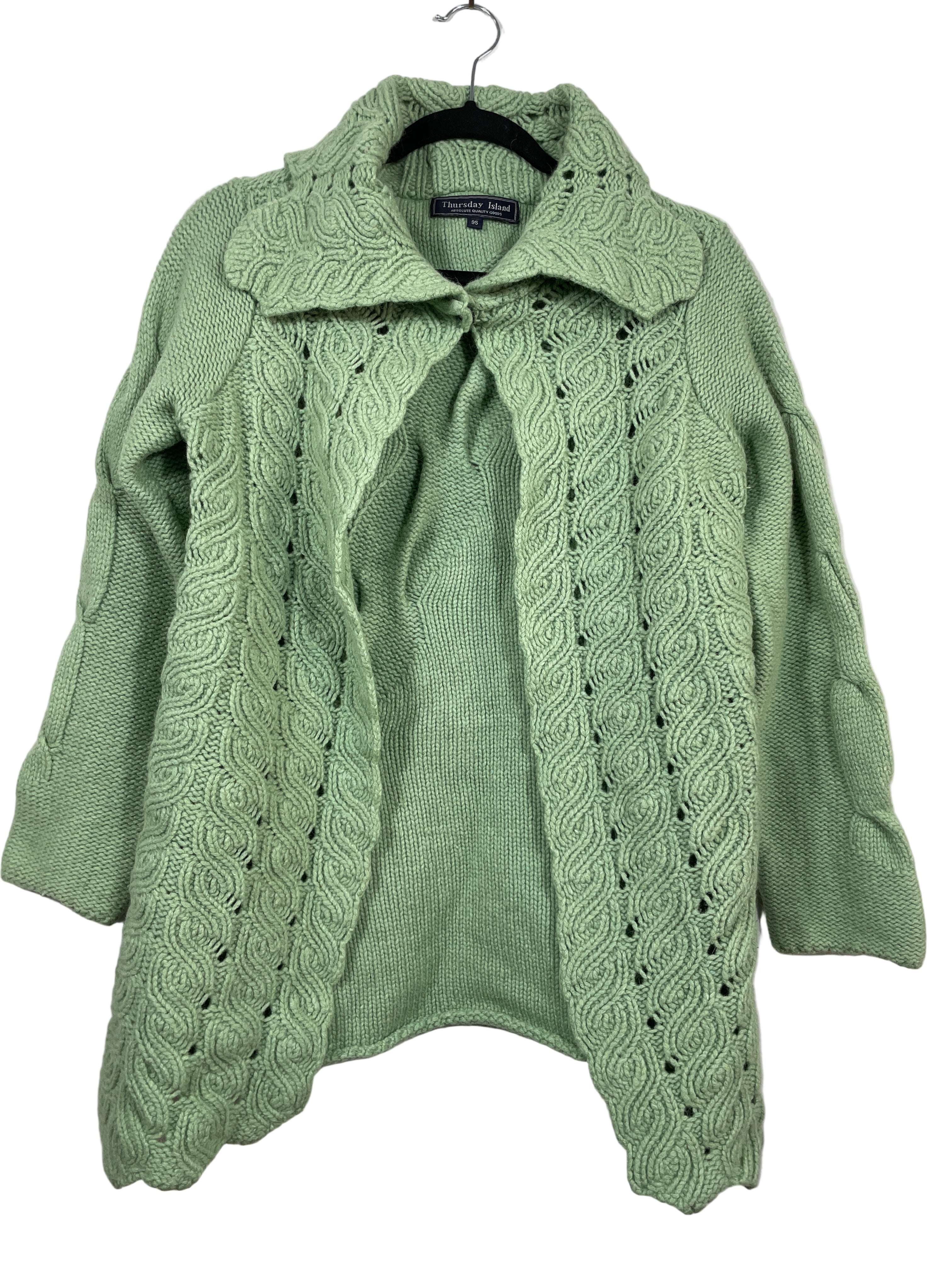 thursday island green cable knit cardigan with snap front