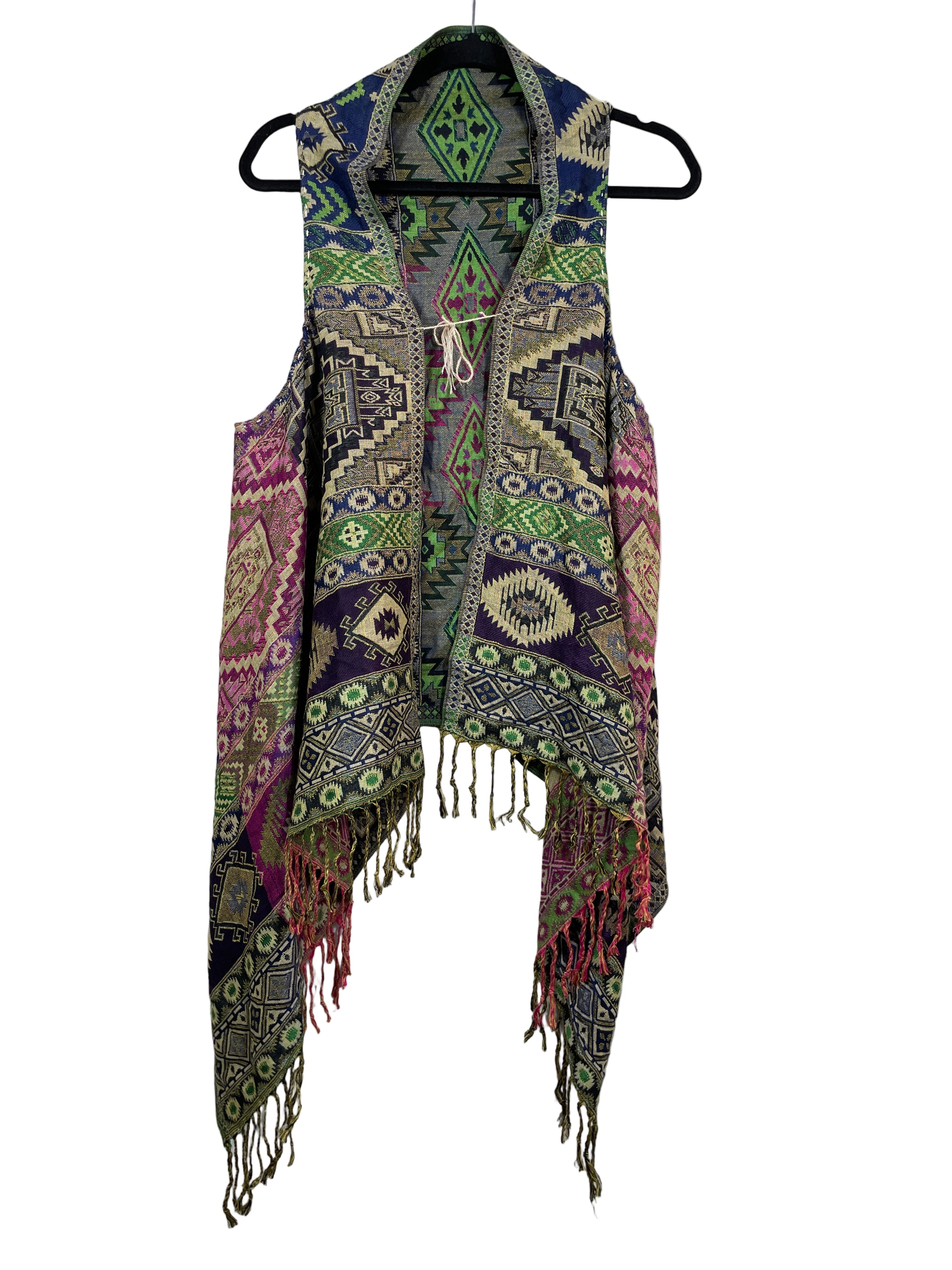 Multicolour boho open vest with fringe, front view