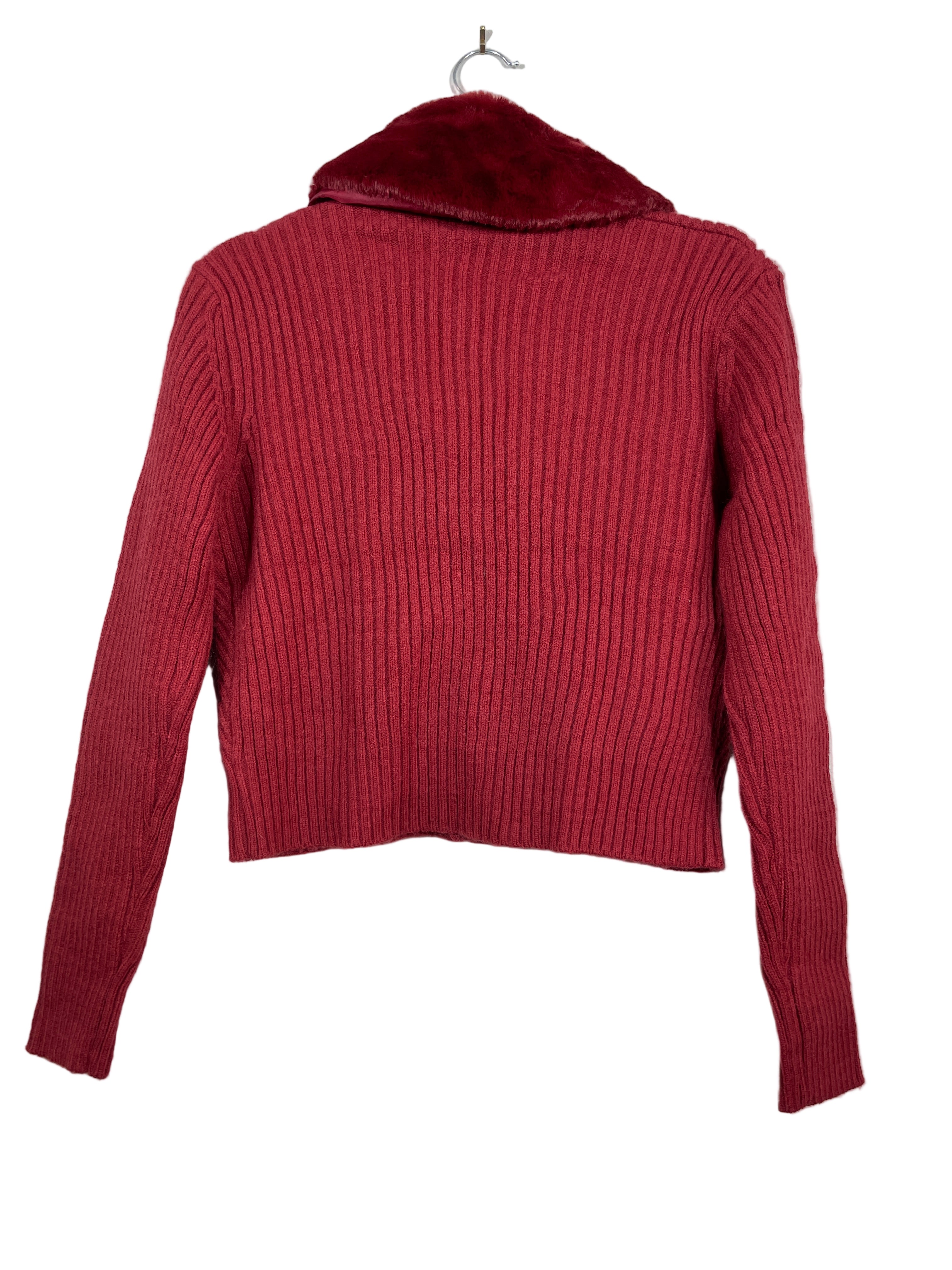 Legancy Style burgundy cropped cardigan with faux-fur collar back view