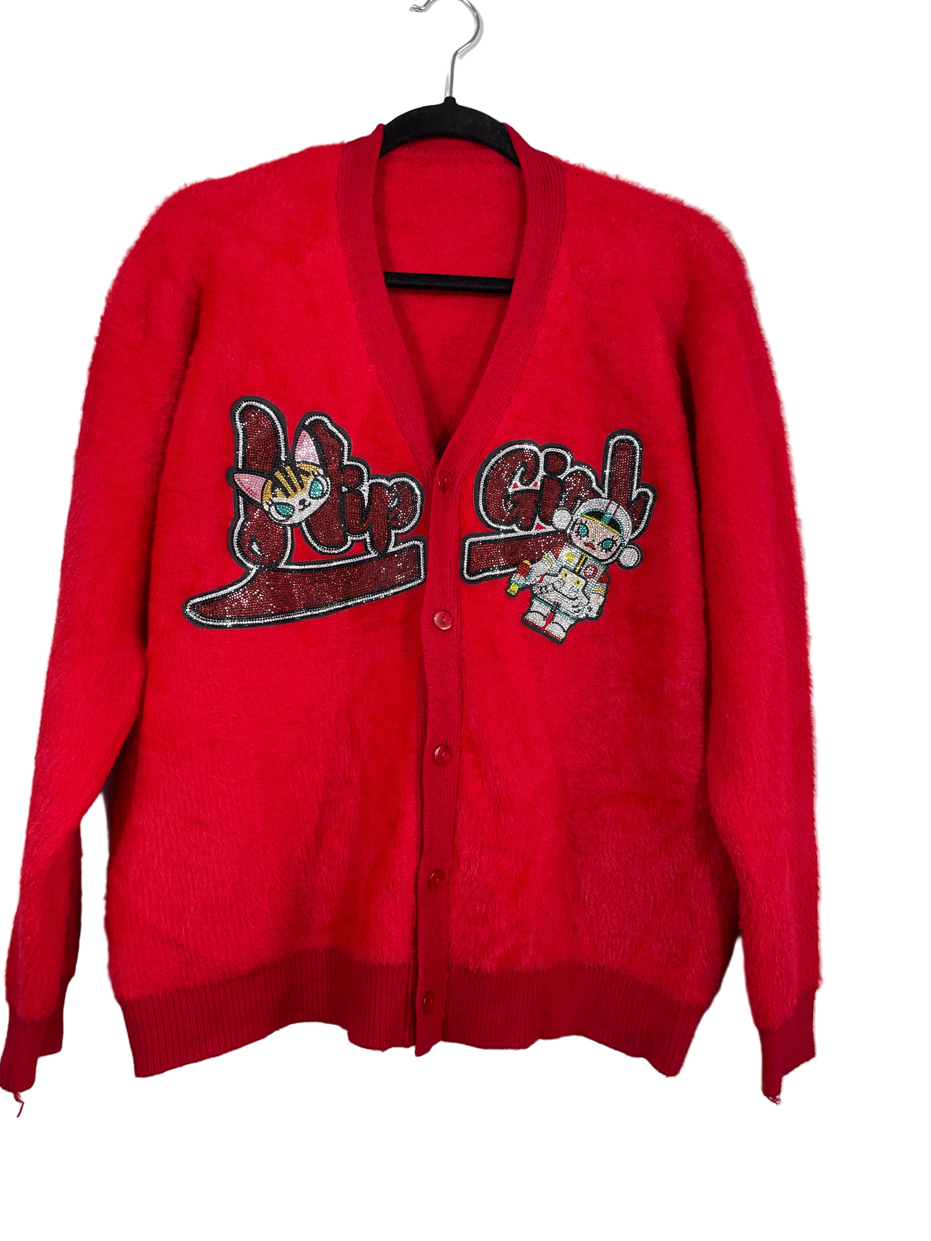 Red “Hip Girl” rhinestone cardigan front with cat and astronaut patches