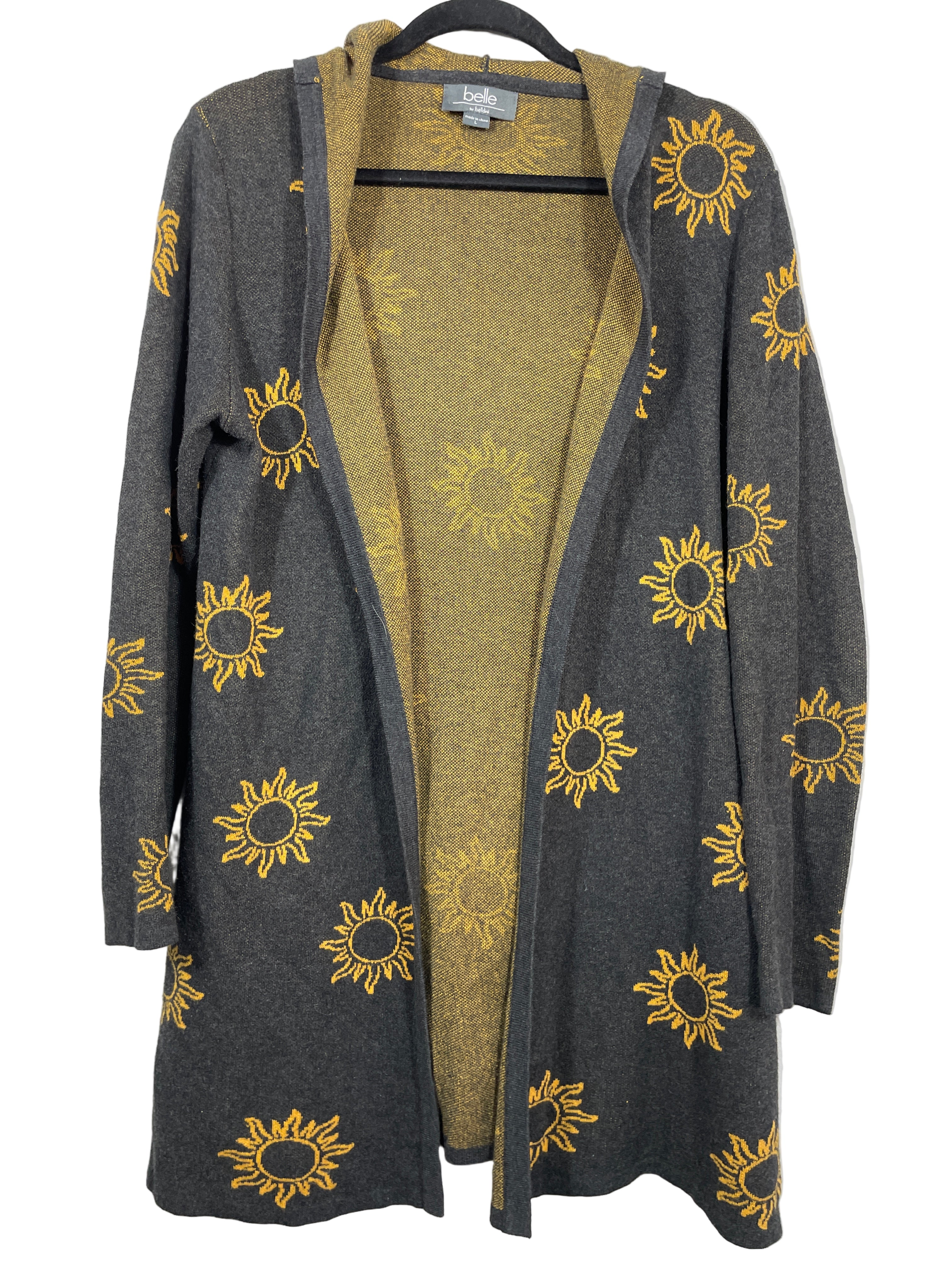 Belle by Bellini grey hooded cardigan with yellow sun print front view