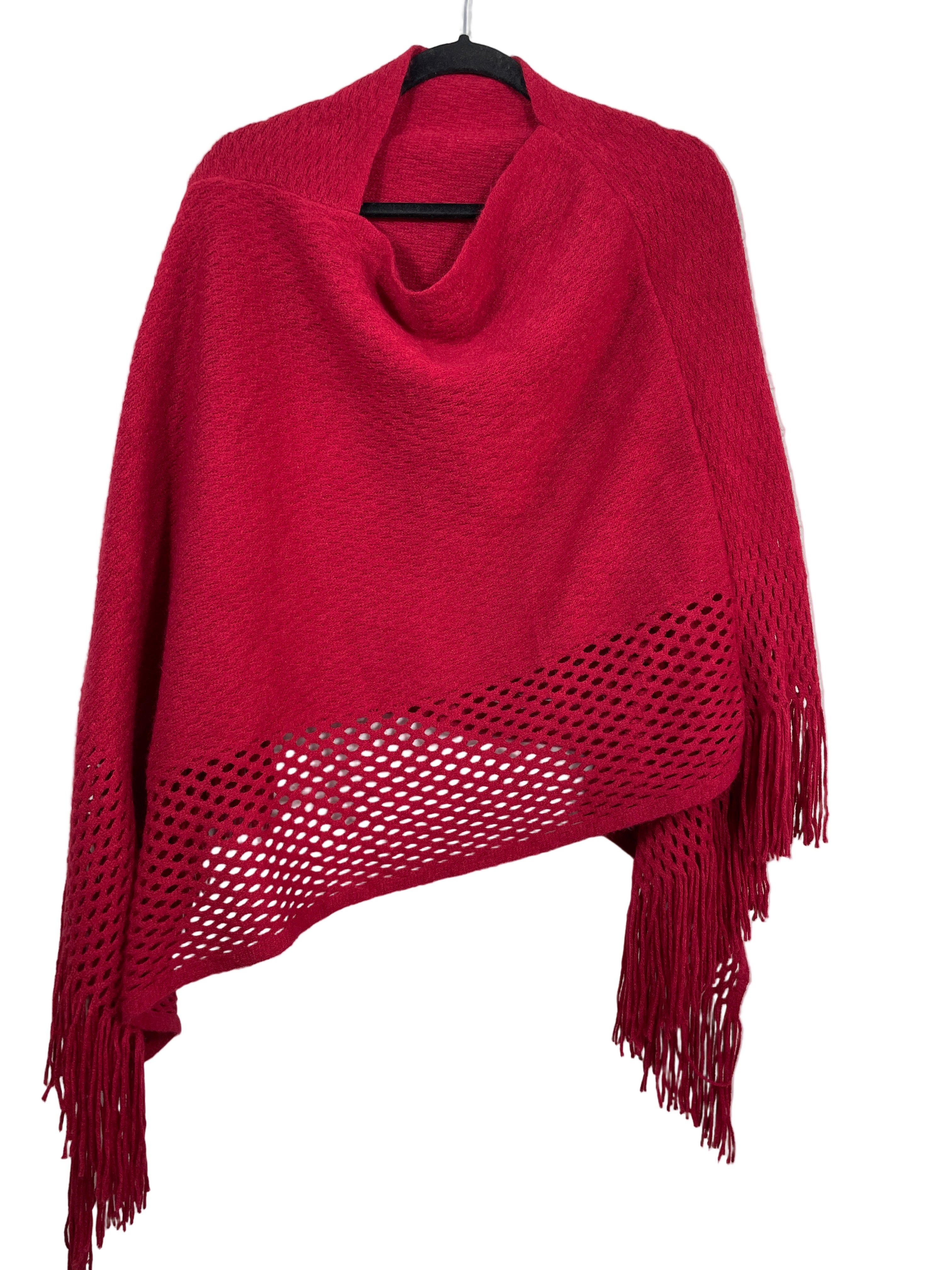 red knit fringe poncho front view