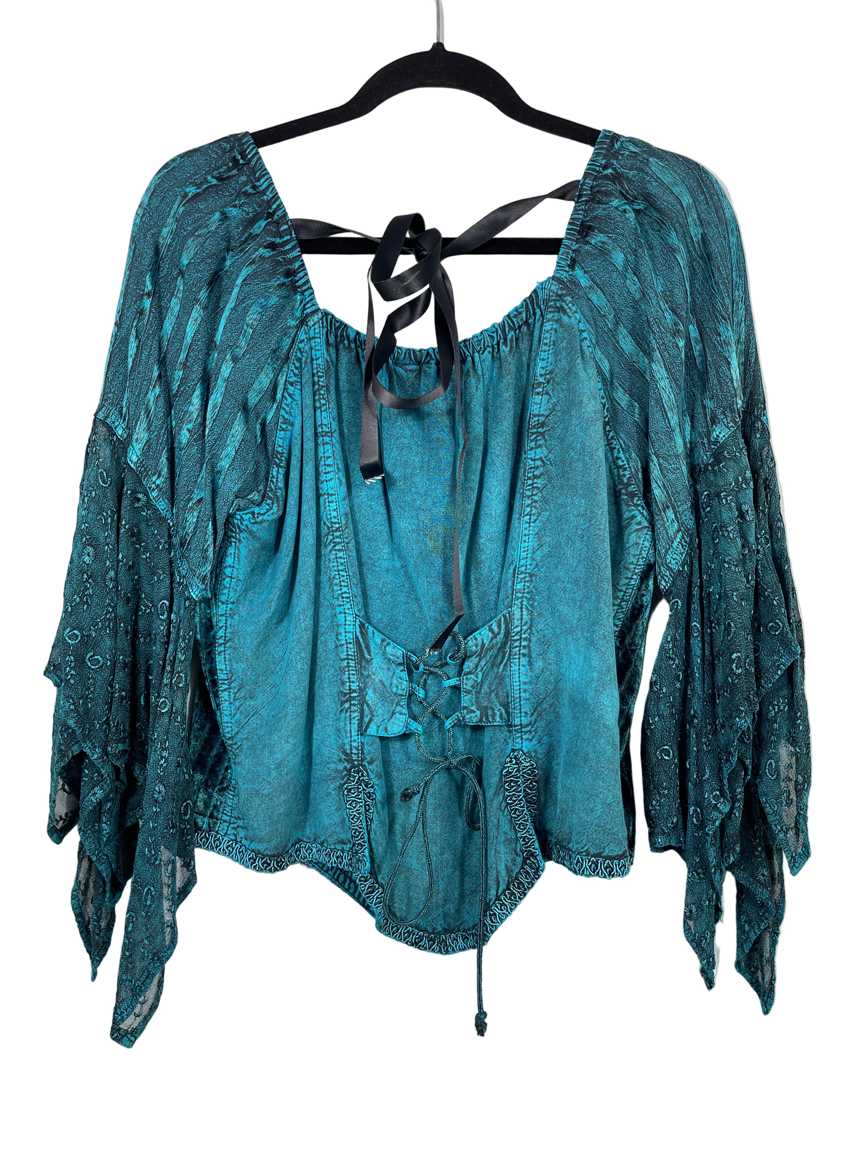 The Counter teal boho lace-up top front