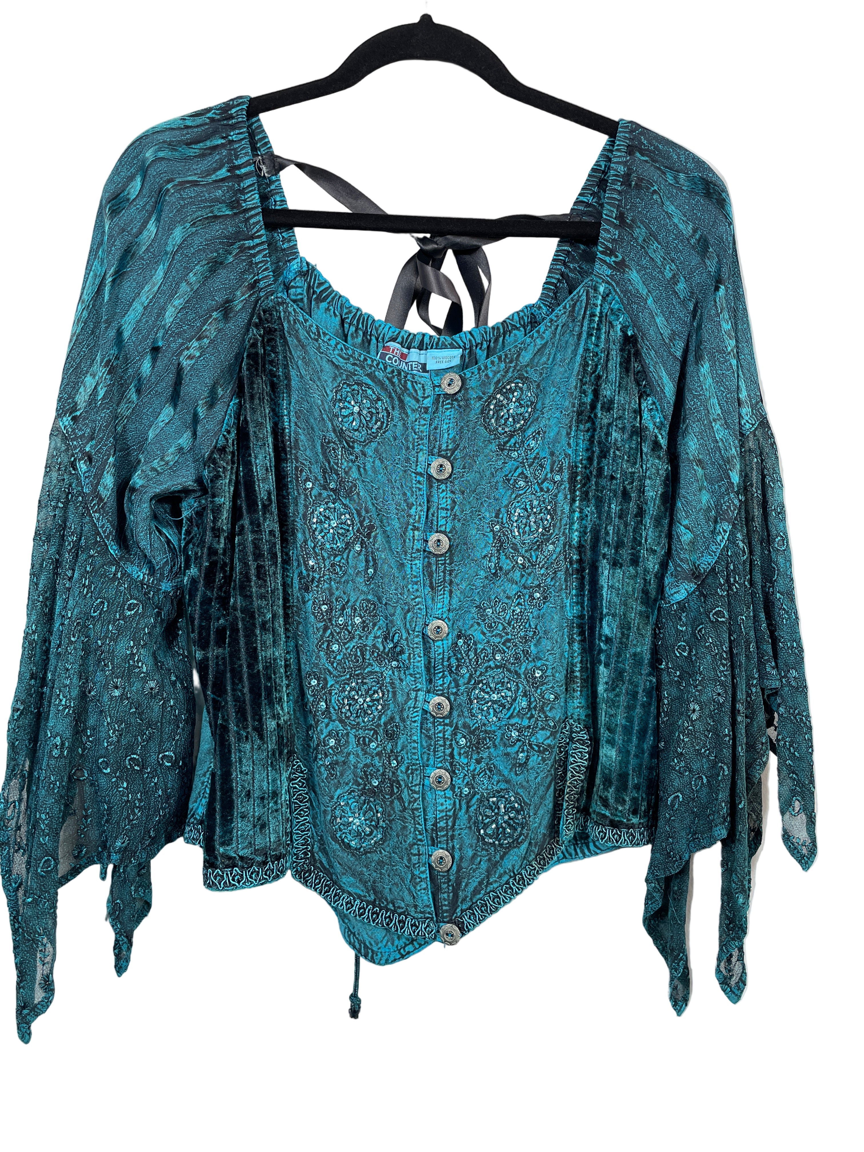 The Counter teal boho lace-up top front
