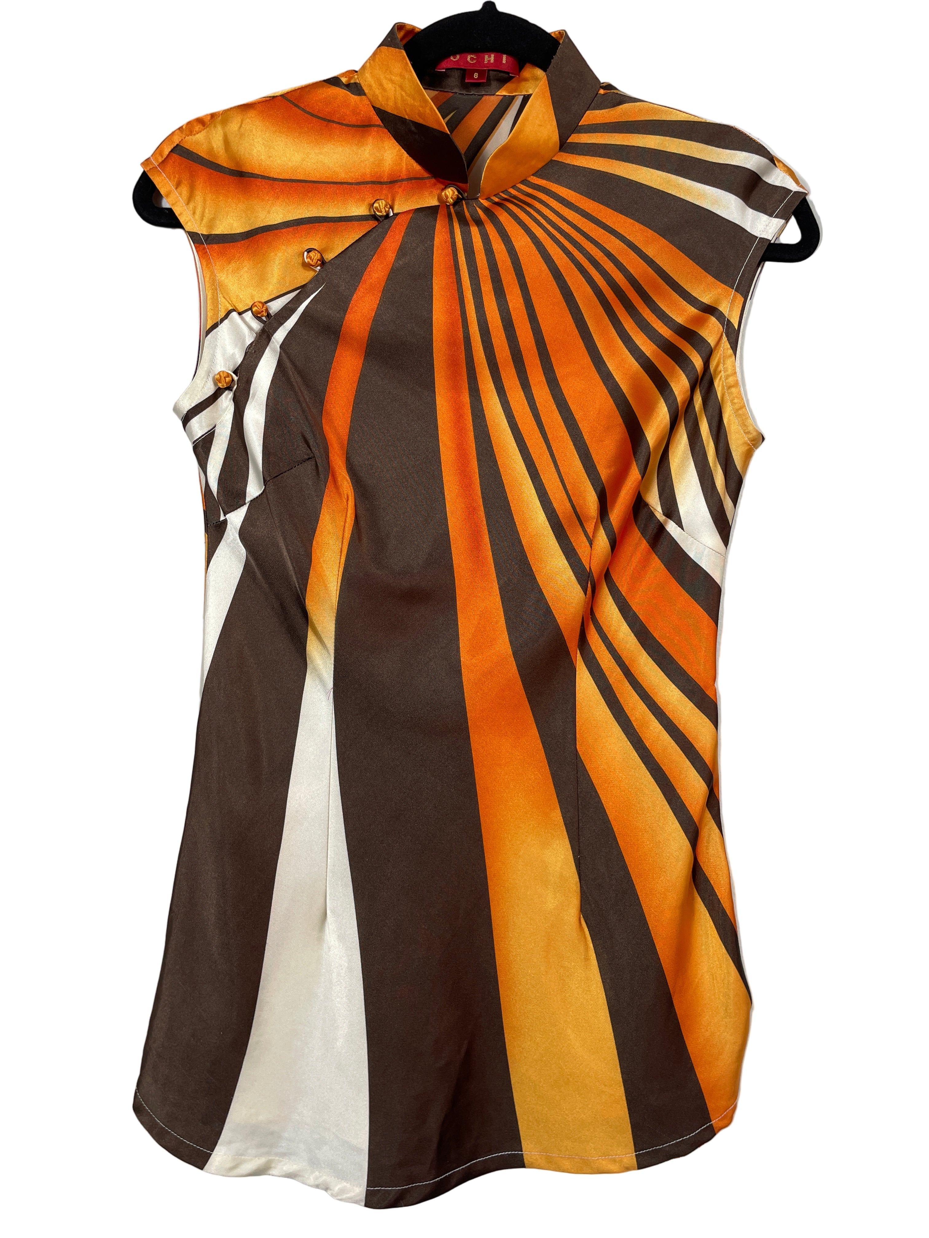 OCHI Vancouver orange brown graphic silk blouse front view
