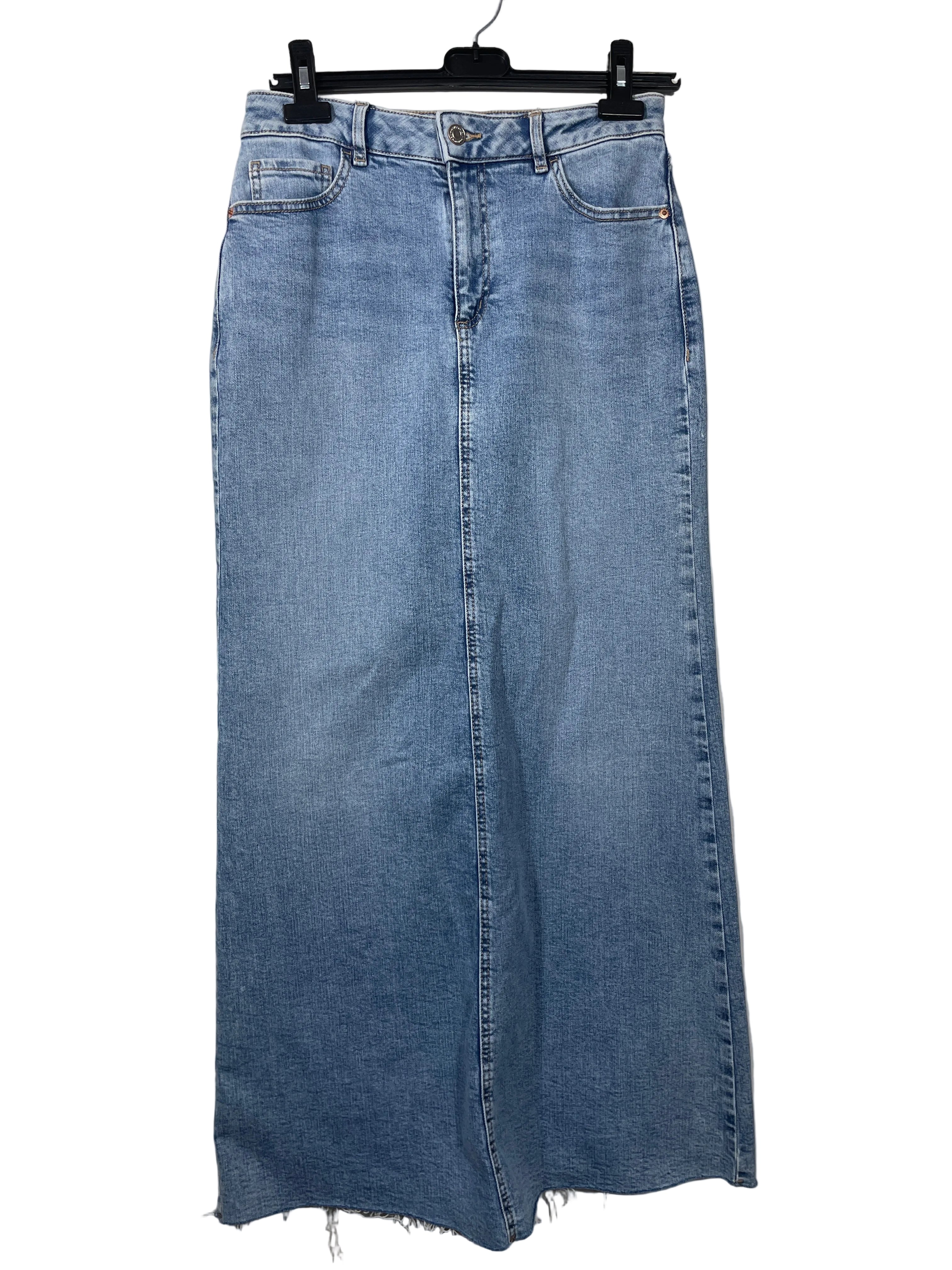 Dynamite long denim skirt front view showing zipper fly button closure and raw hem detail