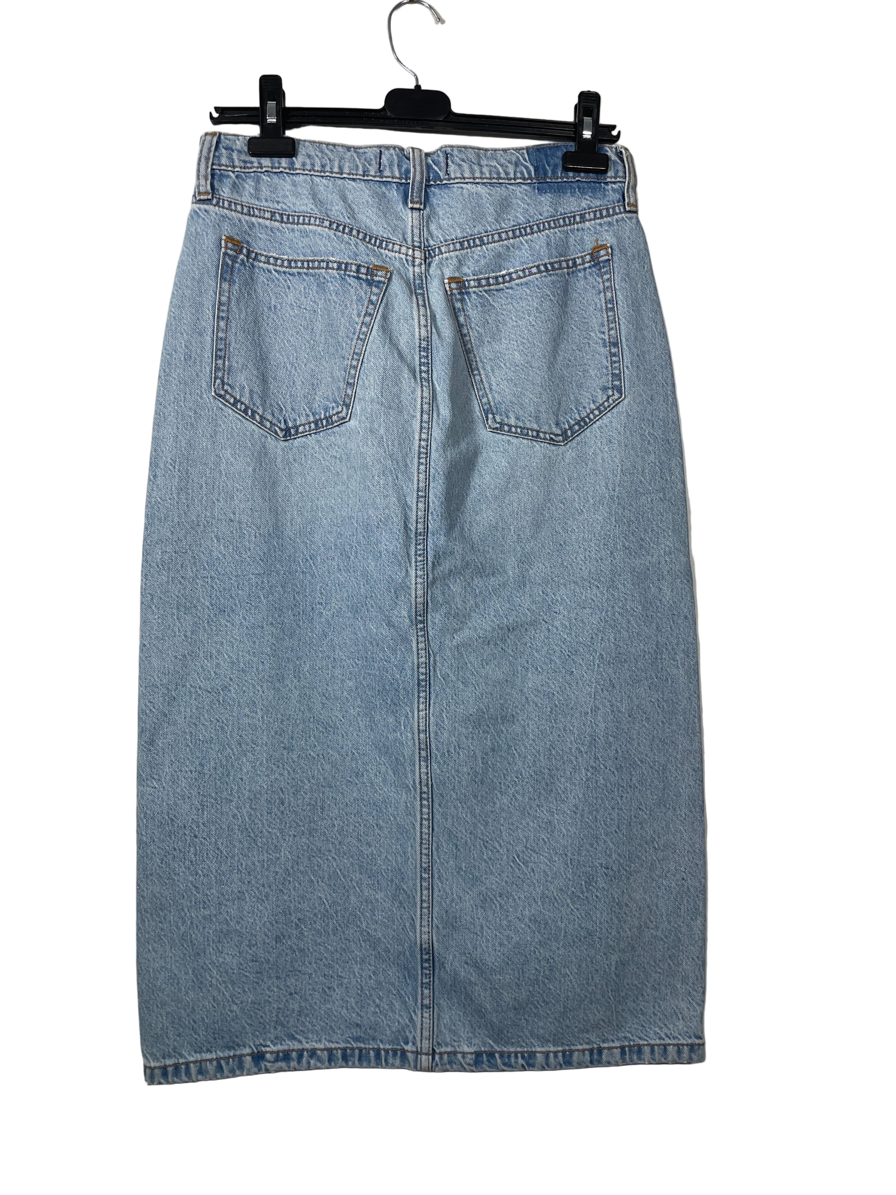 Abercrombie & Fitch high rise long denim skirt back view showing rear pockets and straight long silhouette