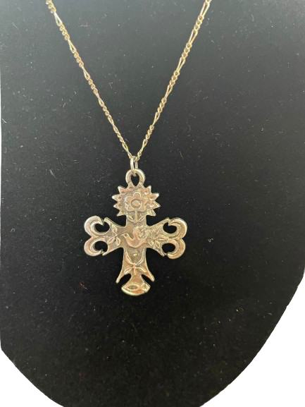 Sterling silver chain necklace with ornate dove cross pendant