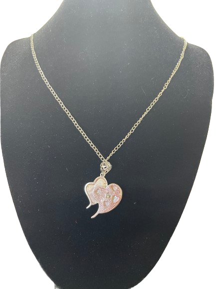 Rose quartz double heart pendant necklace on silver tone chain back view