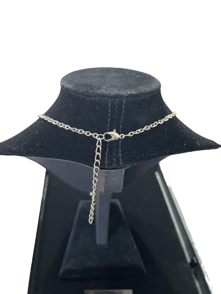 Back view of silver tone necklace with extender chain