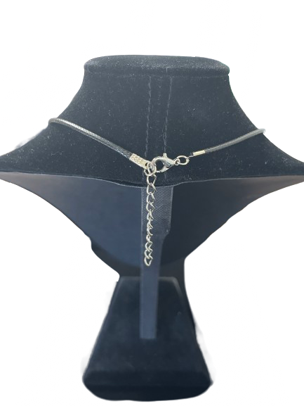 Back view of silver tone cord necklace showing lobster clasp and extender chain