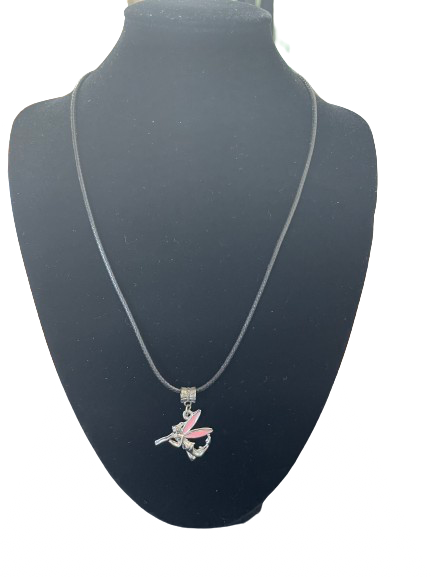 Front view of silver tone necklace with pink enamel fairy pendant on black display bust