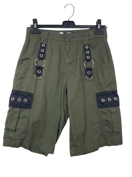 Front view of olive green Social Collision cargo shorts with black grommet O-ring straps.