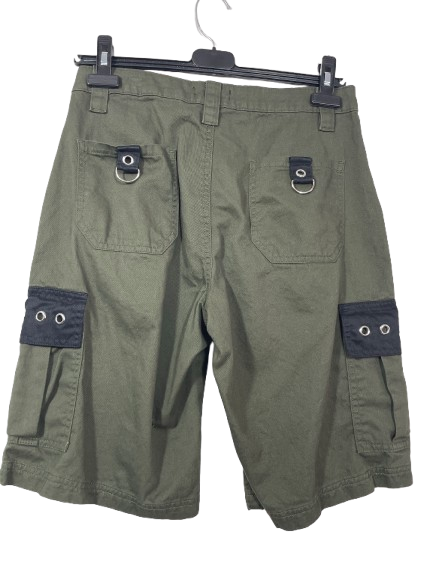 Back view of olive green cargo shorts showing rear pockets with grommet and D-ring details.