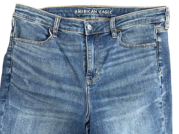 Blue jeans with 'American Eagle' branding on a white background