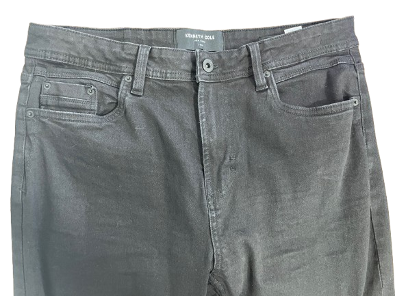 Close-up of front of Kenneth Cole black jeans highlighting zipper fly and button closure.