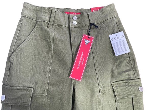 Front detail of Guess cargo pants highlighting the double-button waist closure, zipper fly, and front utility pockets.