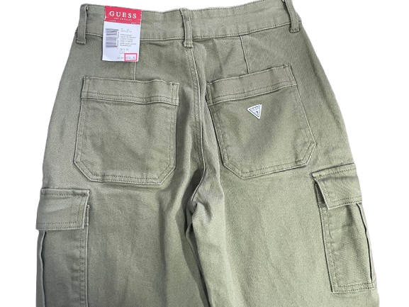 Rear view of the Guess Hailey cargo pants showing the high-rise fit, back pockets, and side cargo pocket.