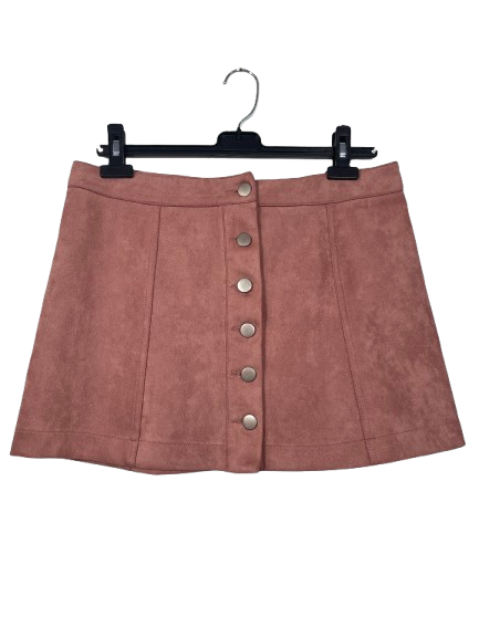 Front view of Forever 21 dusty rose faux suede skirt with silver button-down closure.