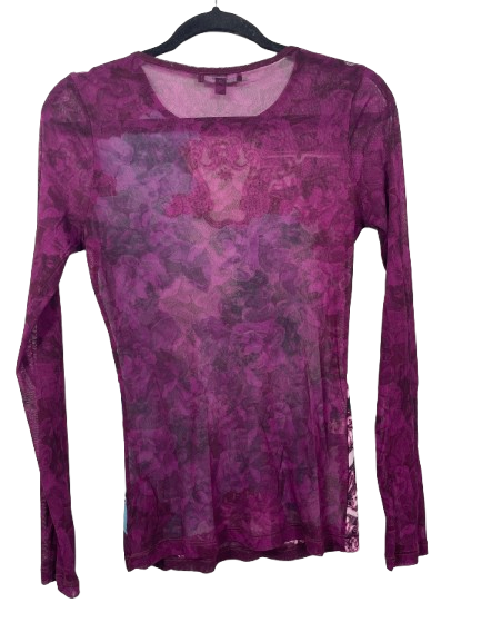 Express sheer floral print long sleeve mesh top size medium purple sheer back view