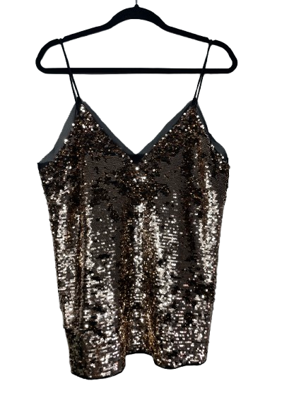 Gold sequin cami tank top size large fully lined spaghetti strap evening top front view