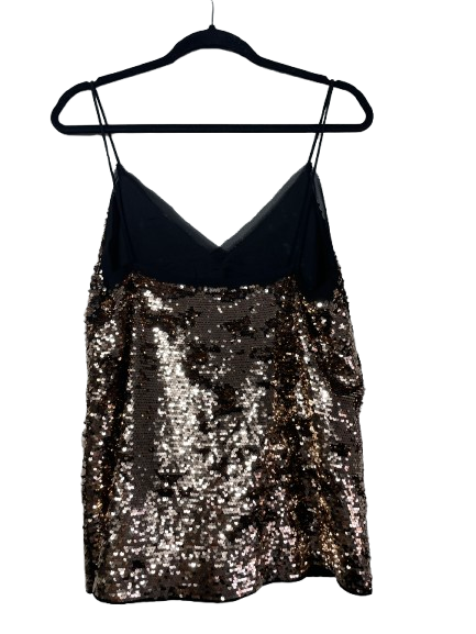 Gold sequin cami tank top size large fully lined spaghetti strap evening top back view